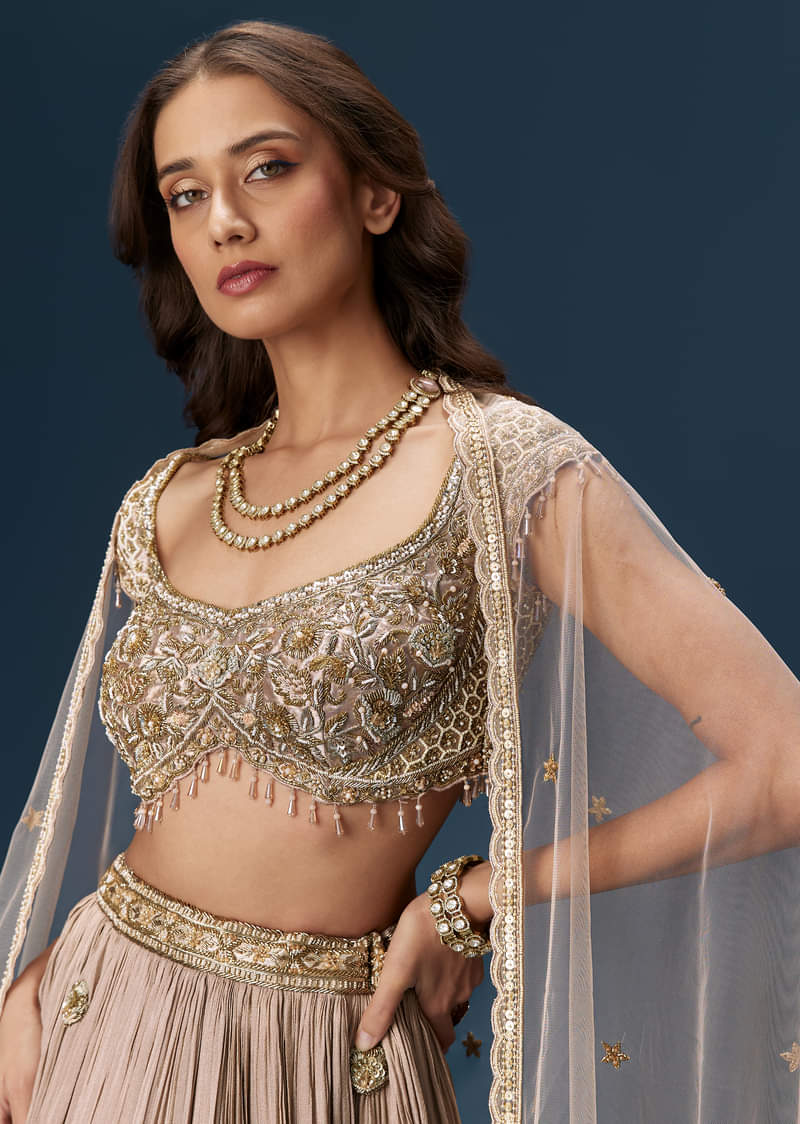 Peach Bridesmaid Lehenga With Embroidered Dupatta And Cap Sleeve Blouse - Image 4