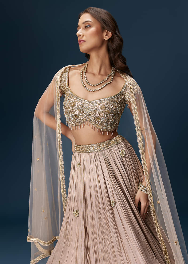 Peach Bridesmaid Lehenga With Embroidered Dupatta And Cap Sleeve Blouse - Image 5