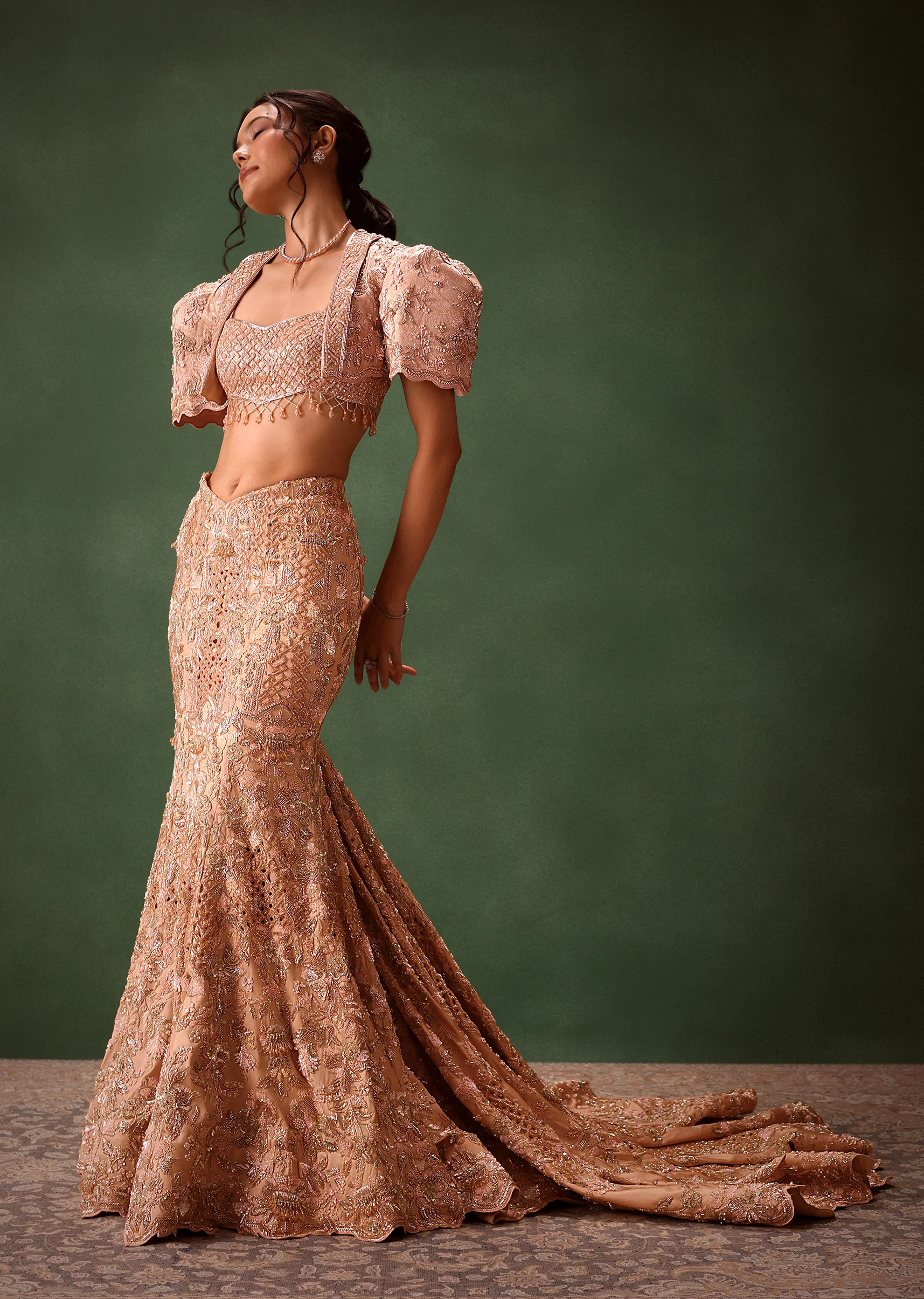 Peach Brocade Cutdana Work Jacket Skirt Suit - Image 2