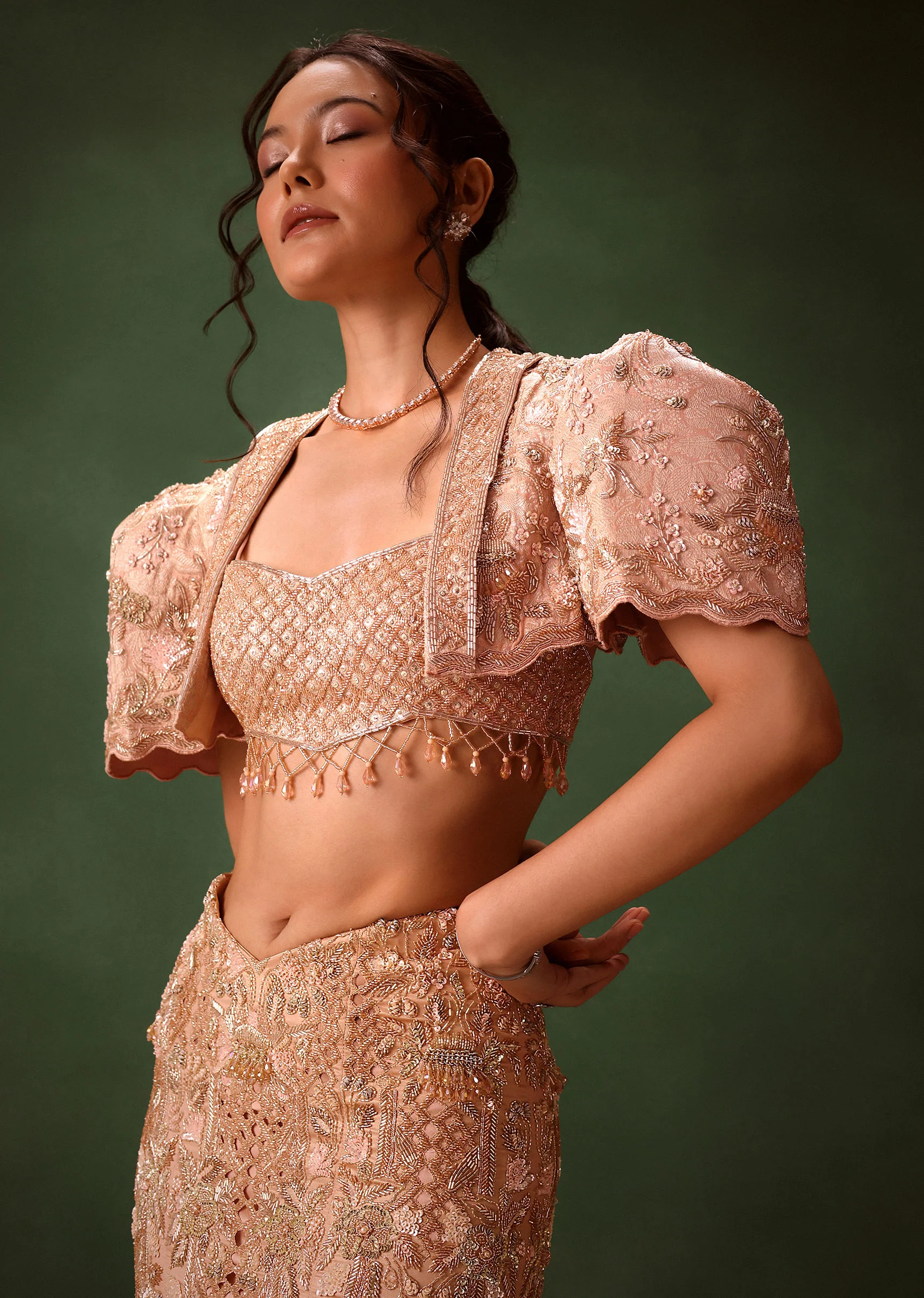 Peach Brocade Cutdana Work Jacket Skirt Suit - Image 4
