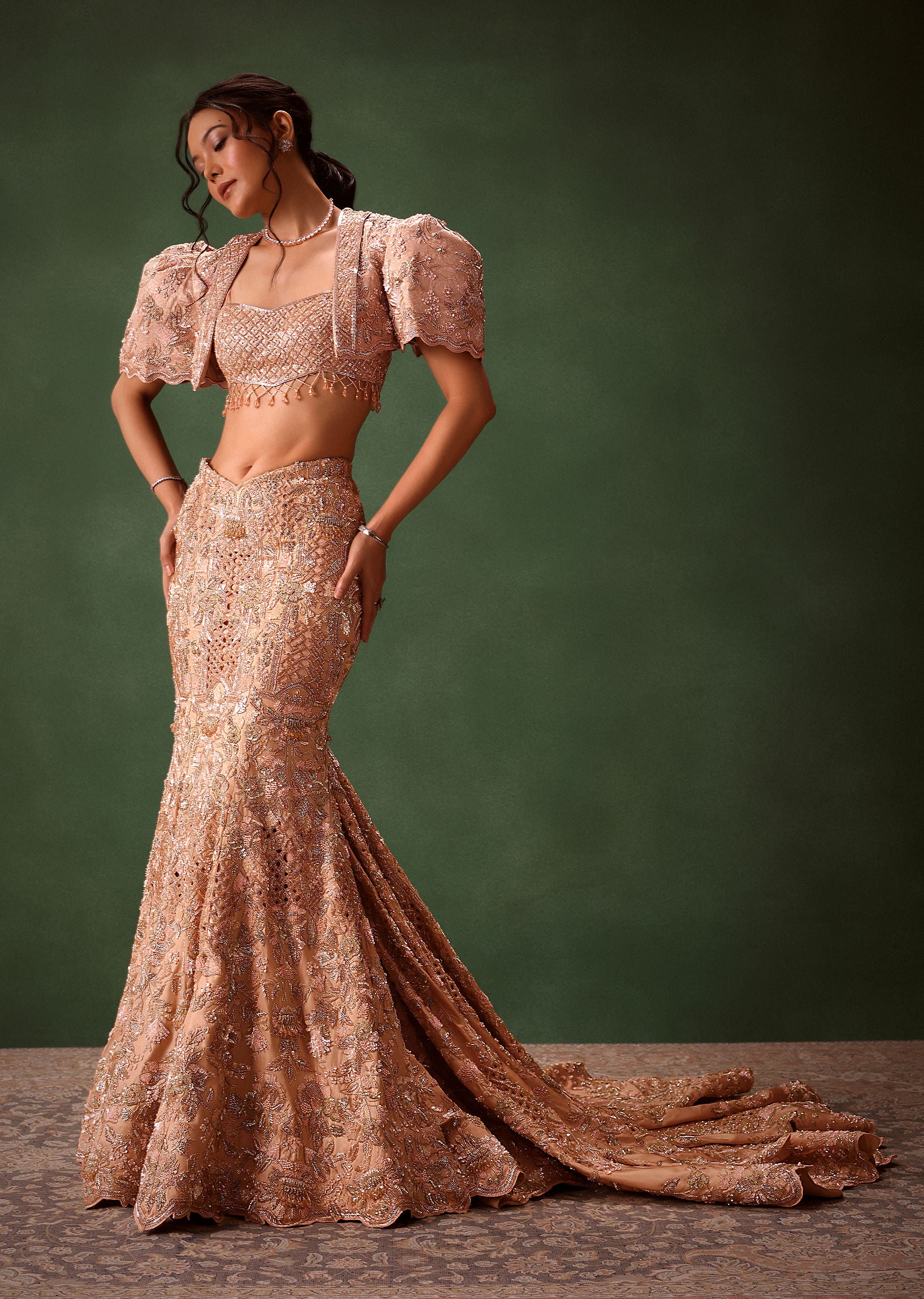 Peach Brocade Cutdana Work Jacket Skirt Suit - Image 5