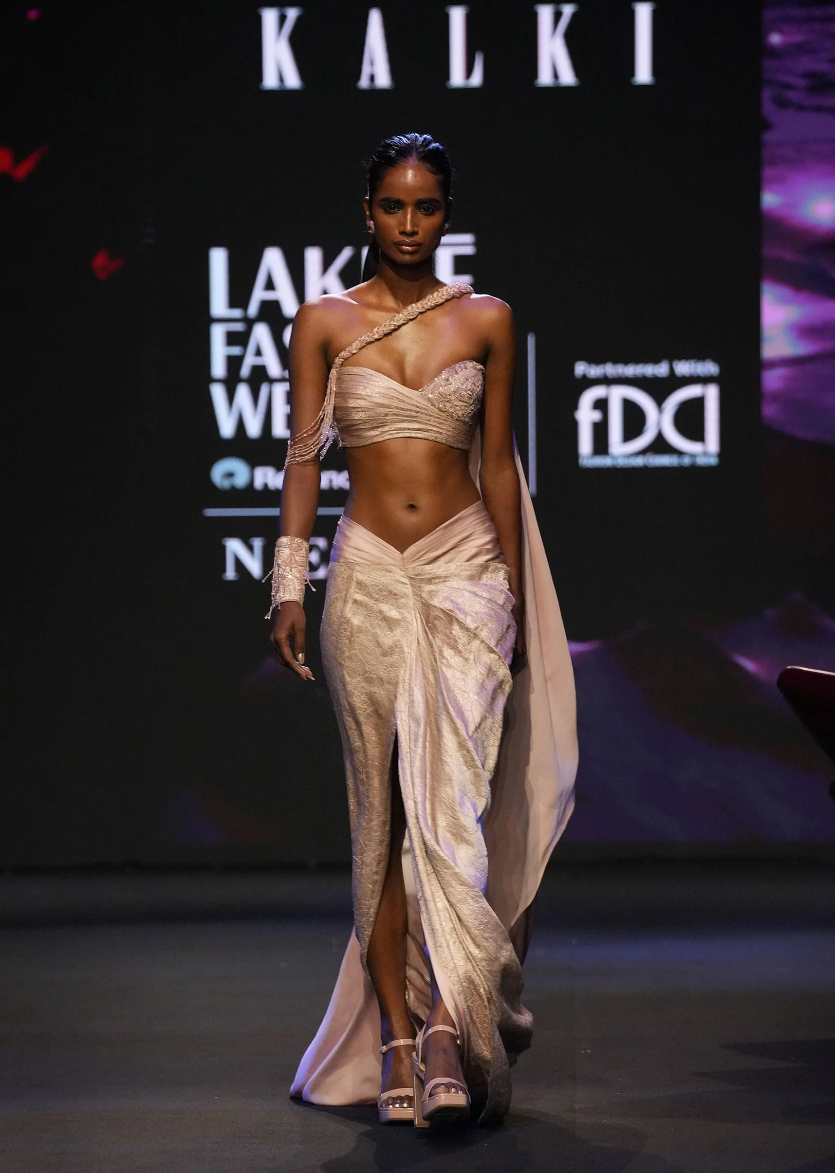 Peach Brocade Draped Skirt With Pleated One Shoulder Blouse - Image 3