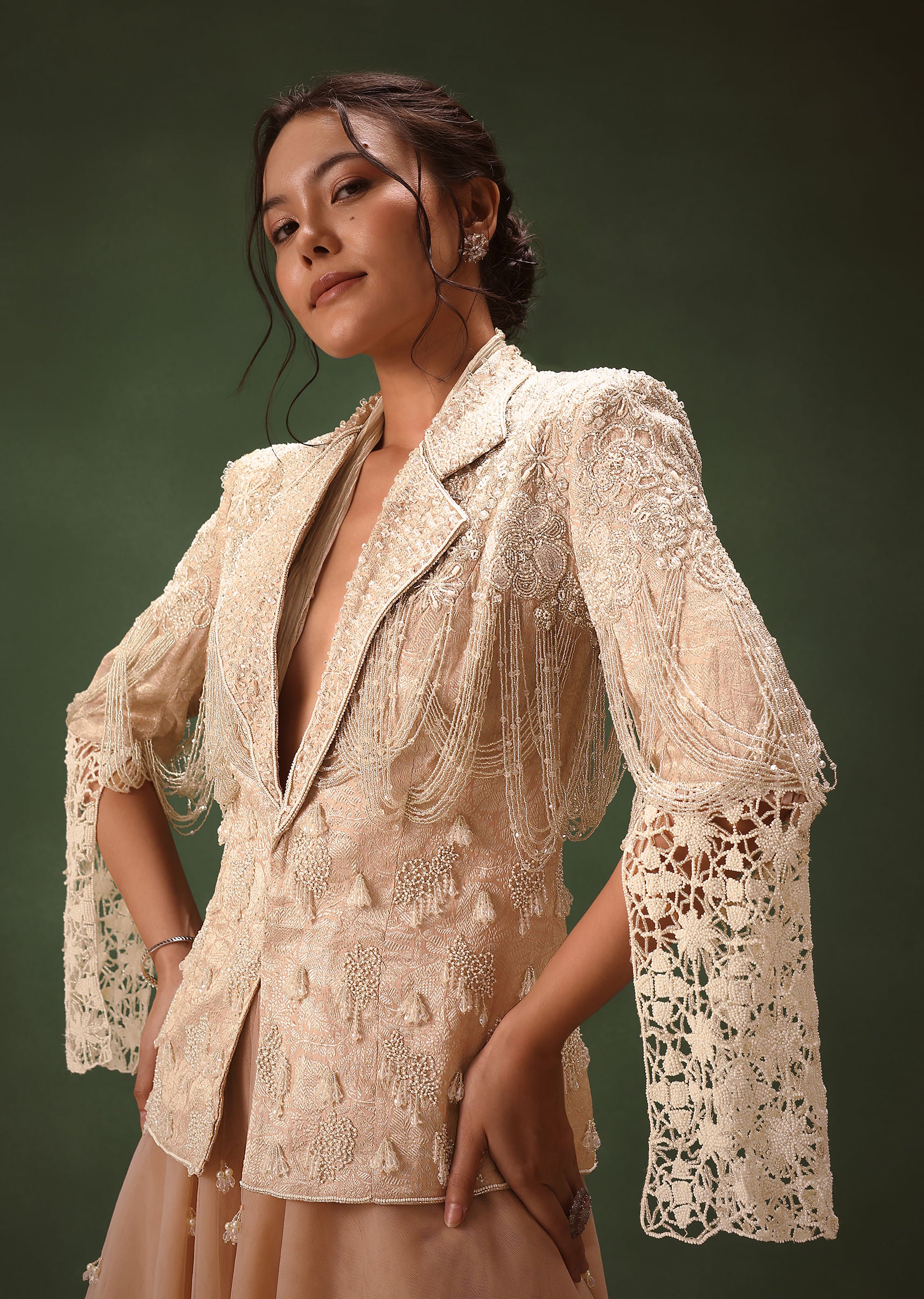 Peach Banarasi Embroidered Jacket With Palazzo And Suspender - Image 6