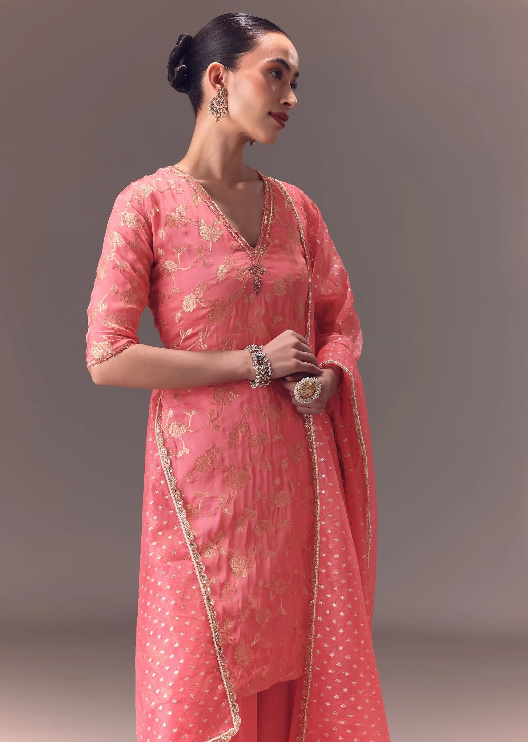 Peach Brocade Kurti With Sharara Pants And Dupatta - Image 2