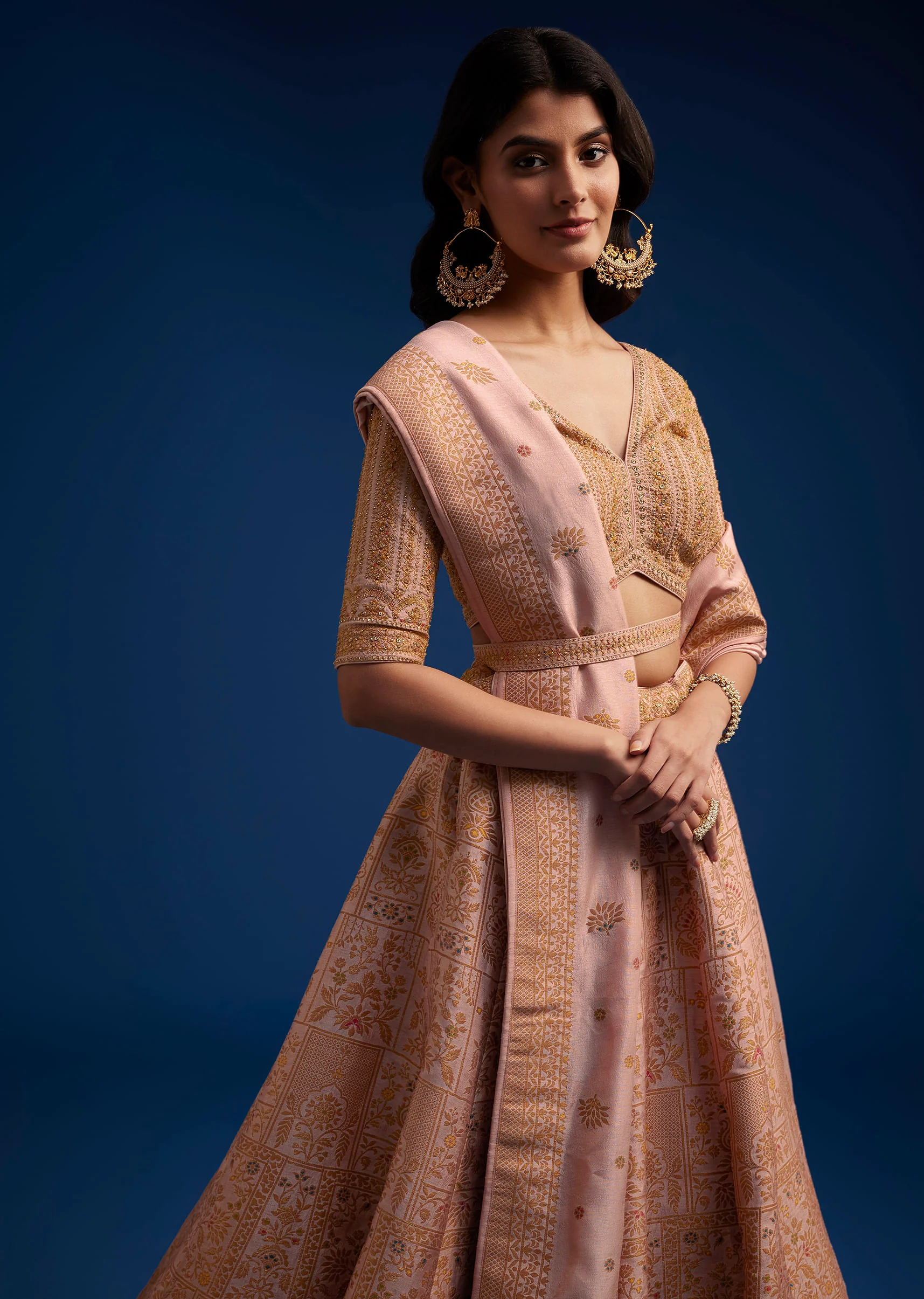 Peach Brocade Lehenga Set With Zari And Resham Work - Image 2