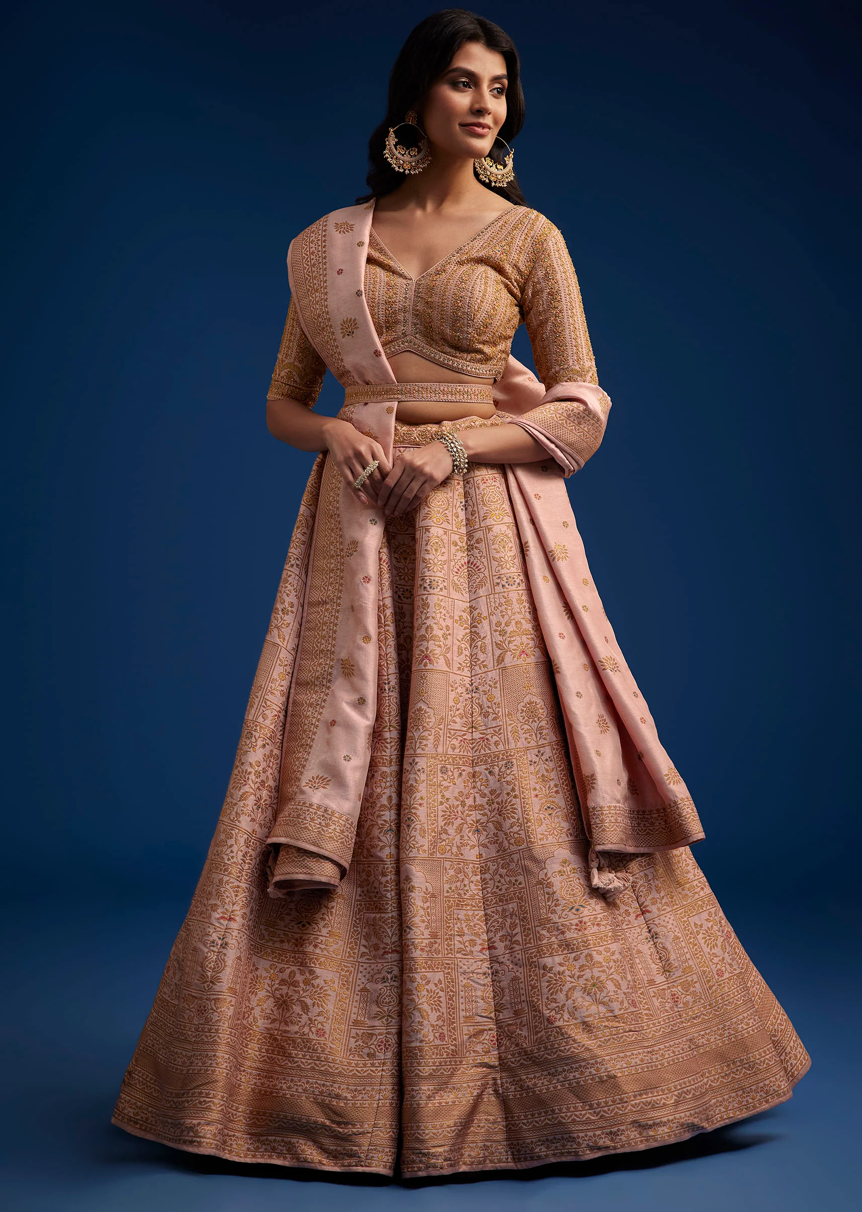 Peach Brocade Lehenga Set With Zari And Resham Work - Image 3