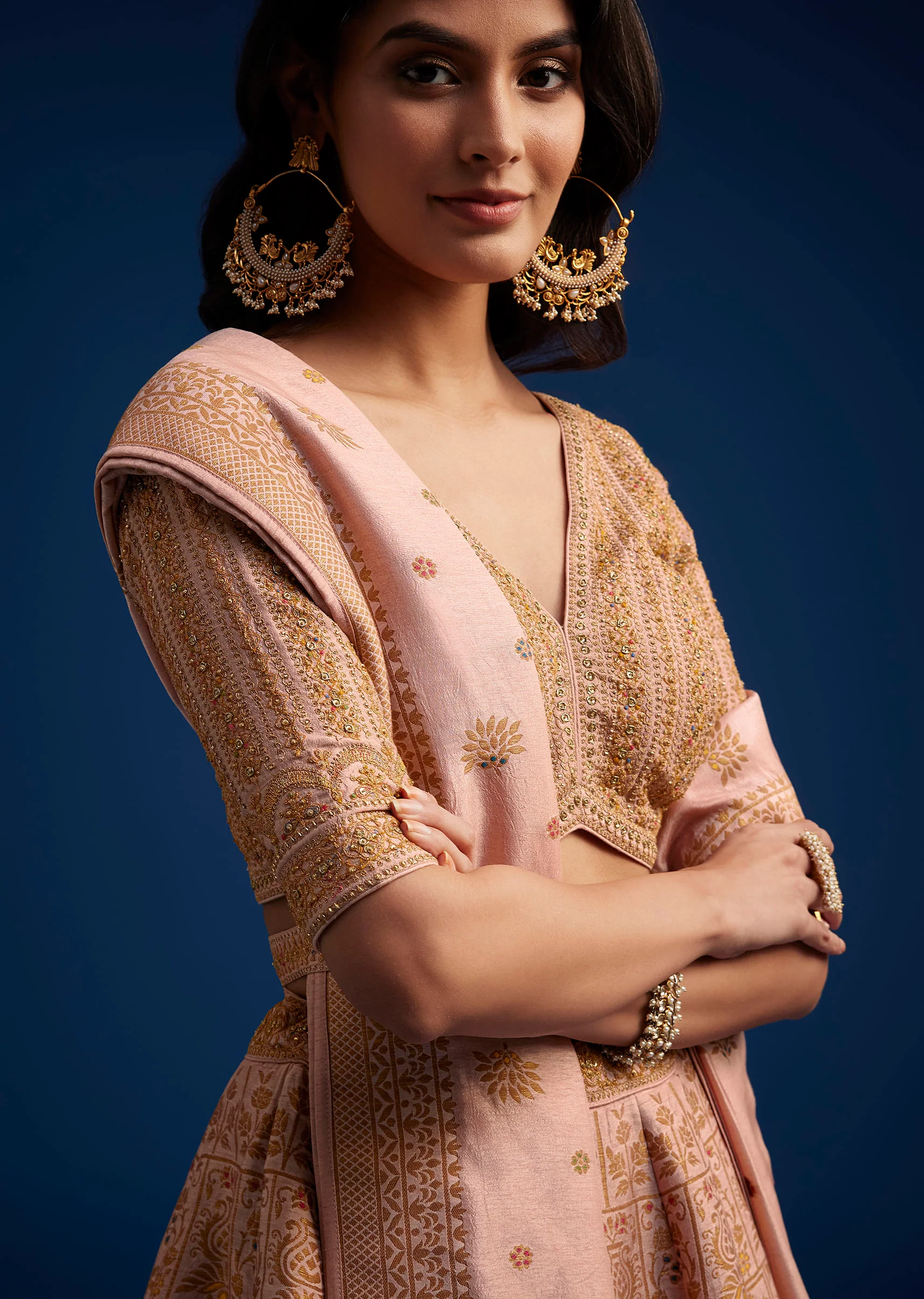 Peach Brocade Lehenga Set With Zari And Resham Work - Image 4