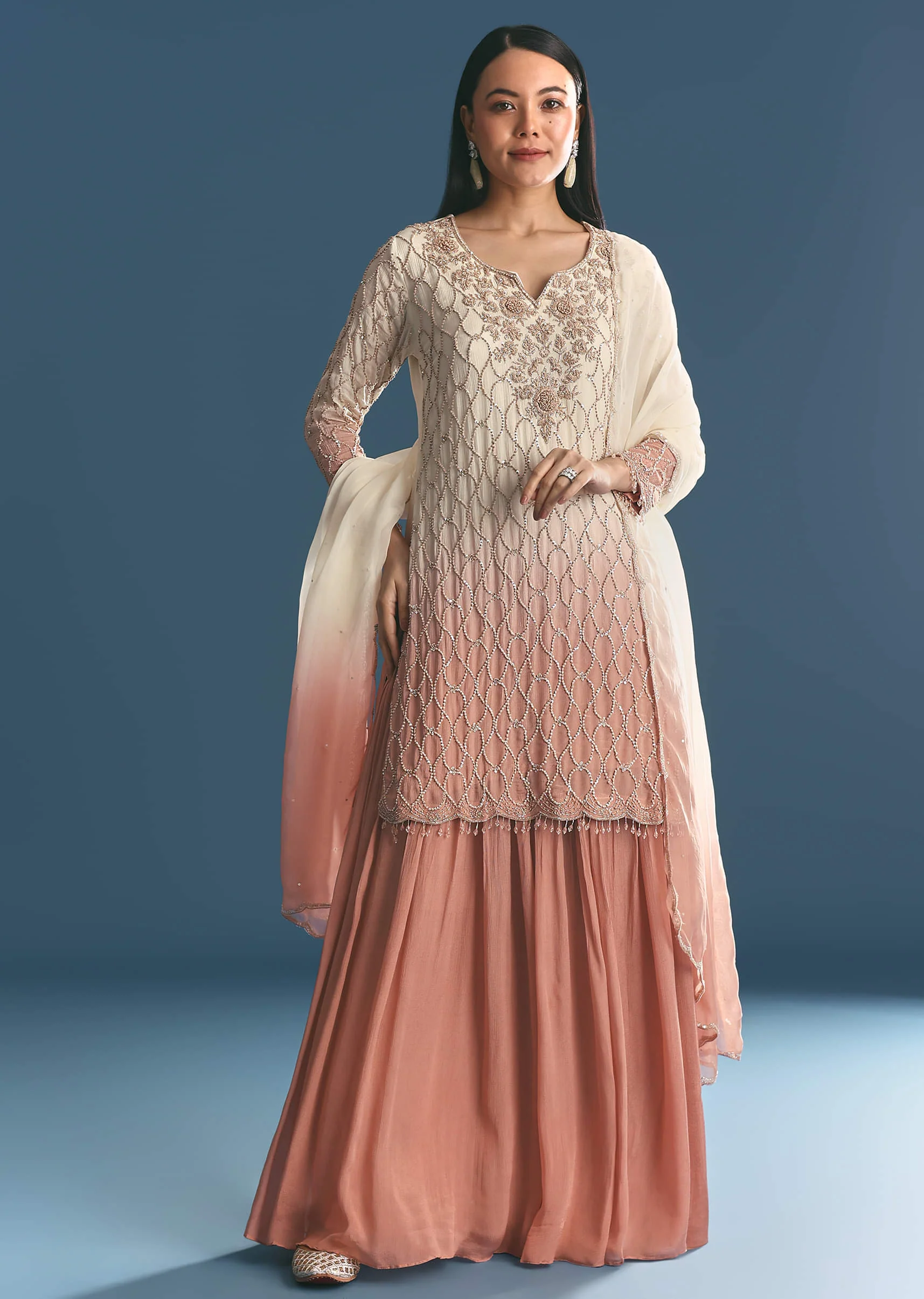 Peach Chinon Ombre Kurta Palazzo Suit With Sequins Threadwork - Image 4