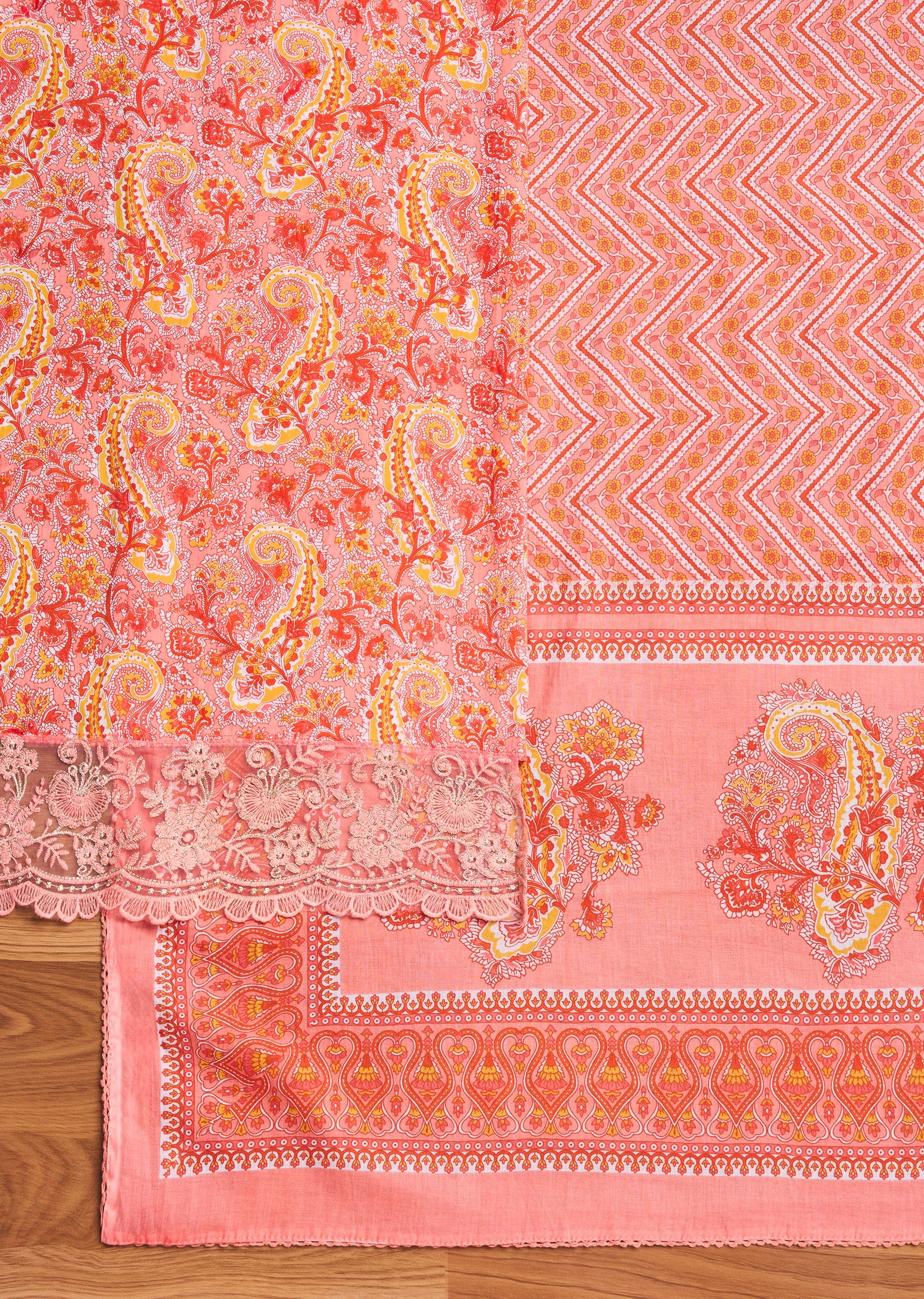 Peach Cotton Printed Unstitched Suit Set - Image 3