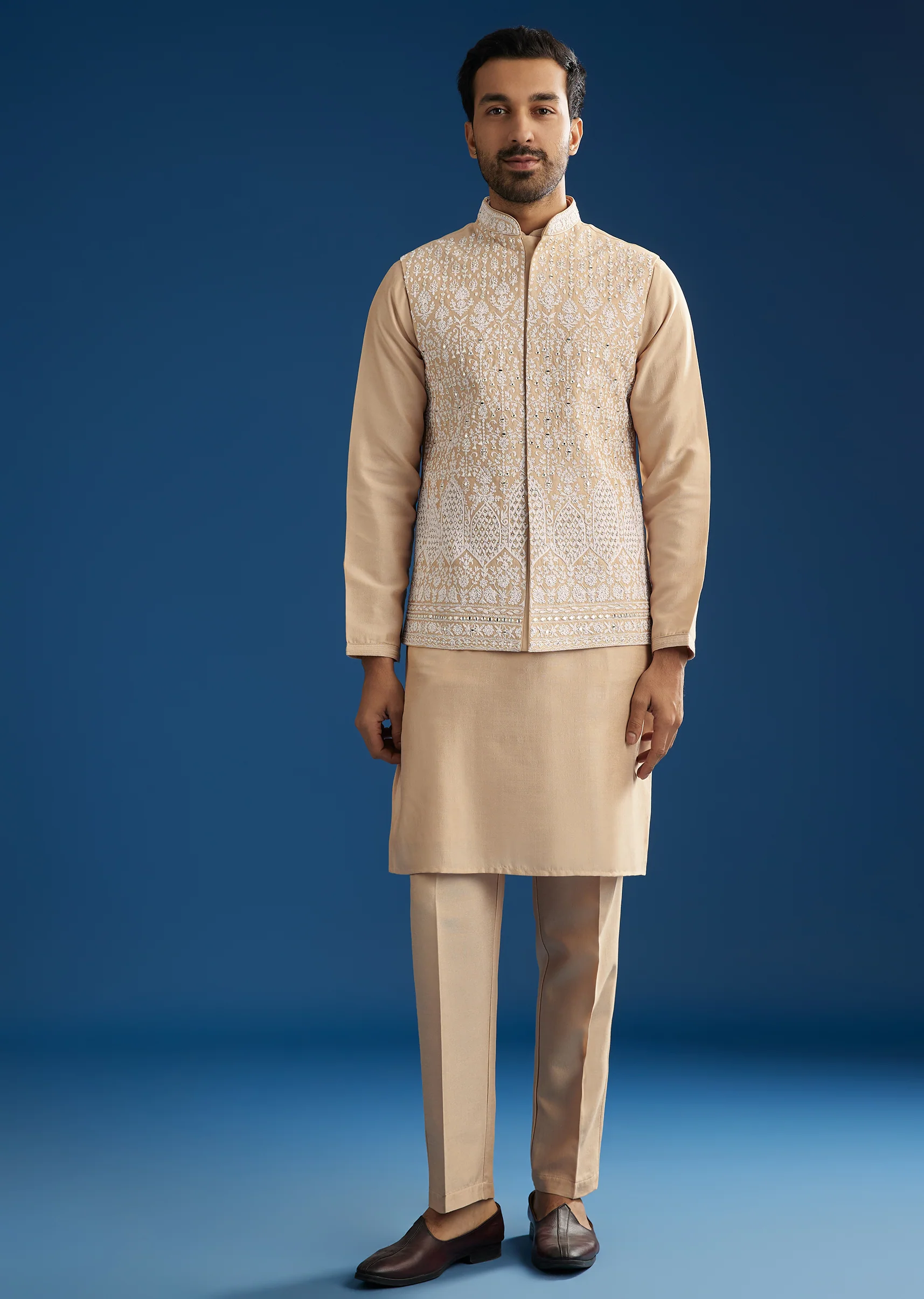 Peach Cotton Silk Jacket Kurta Set With Mirror And Dori Work - Image 3