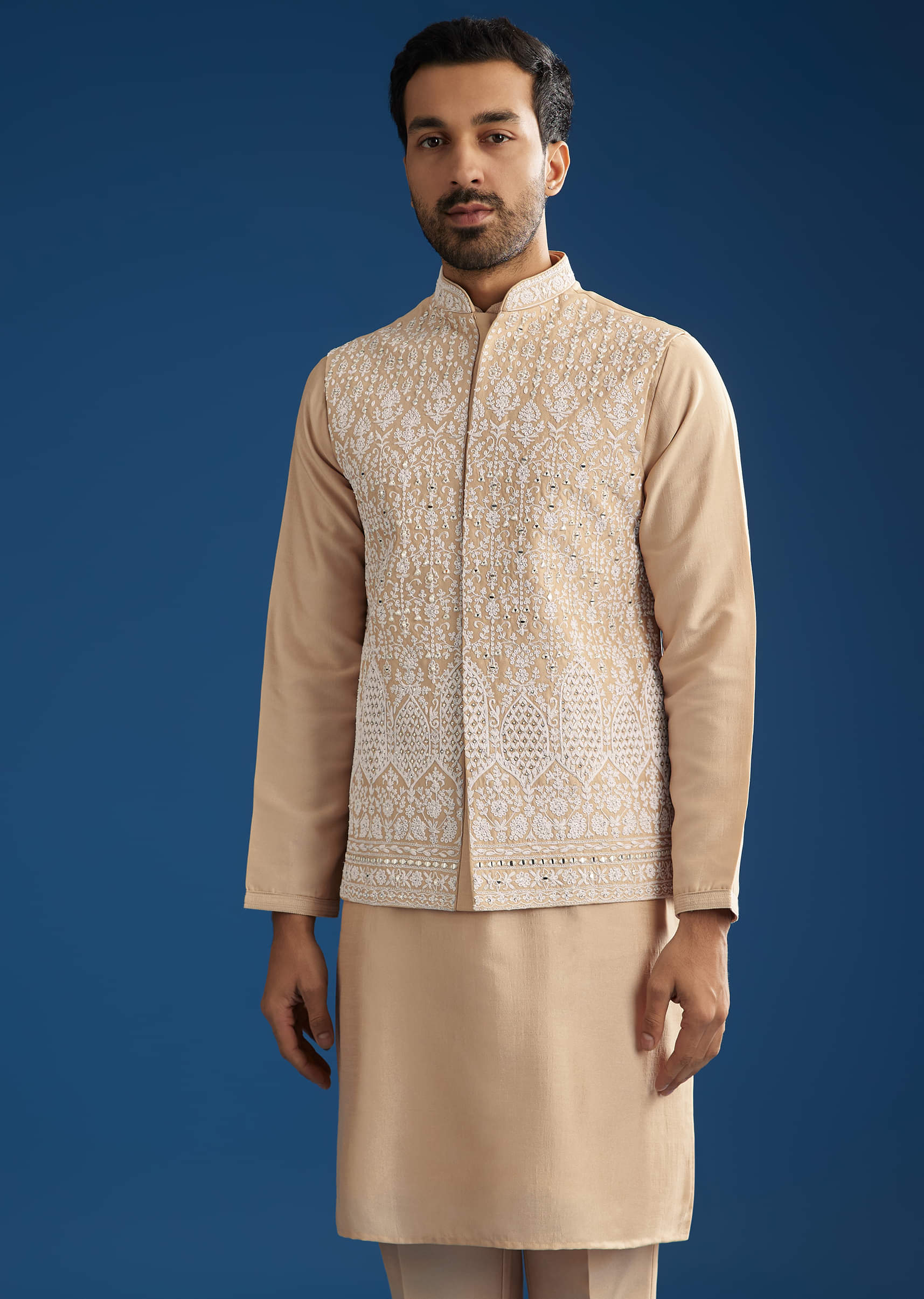 Peach Cotton Silk Jacket Kurta Set With Mirror And Dori Work - Image 4