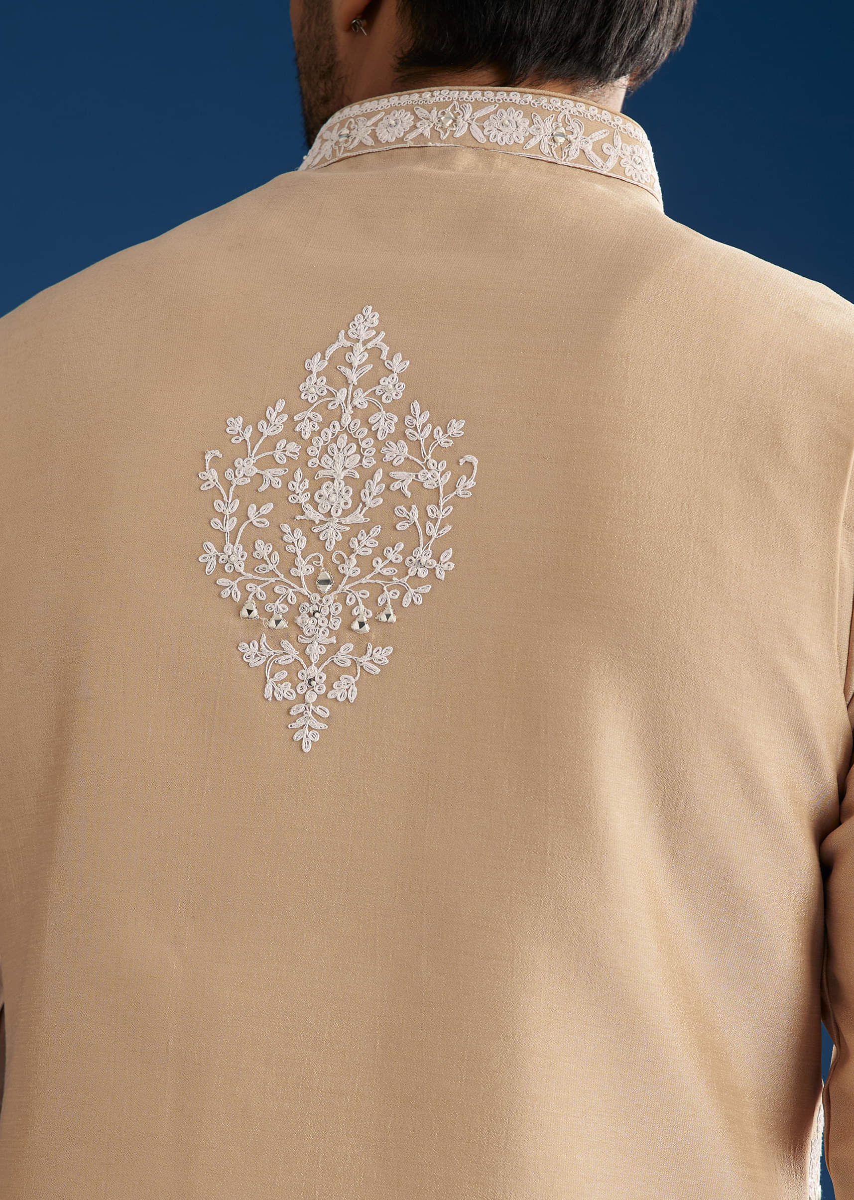 Peach Cotton Silk Jacket Kurta Set With Mirror And Dori Work - Image 6