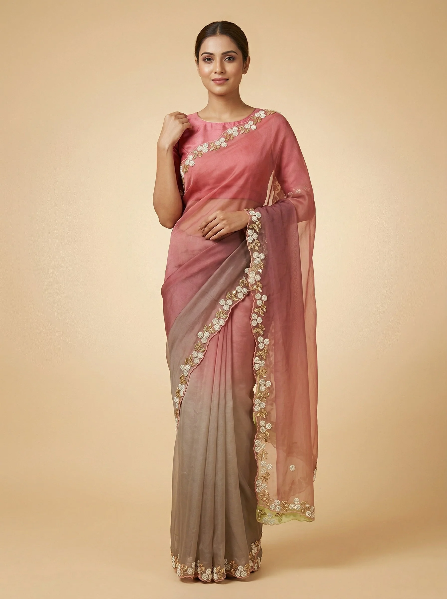 Peach Cream Sherbet Embroidered Saree