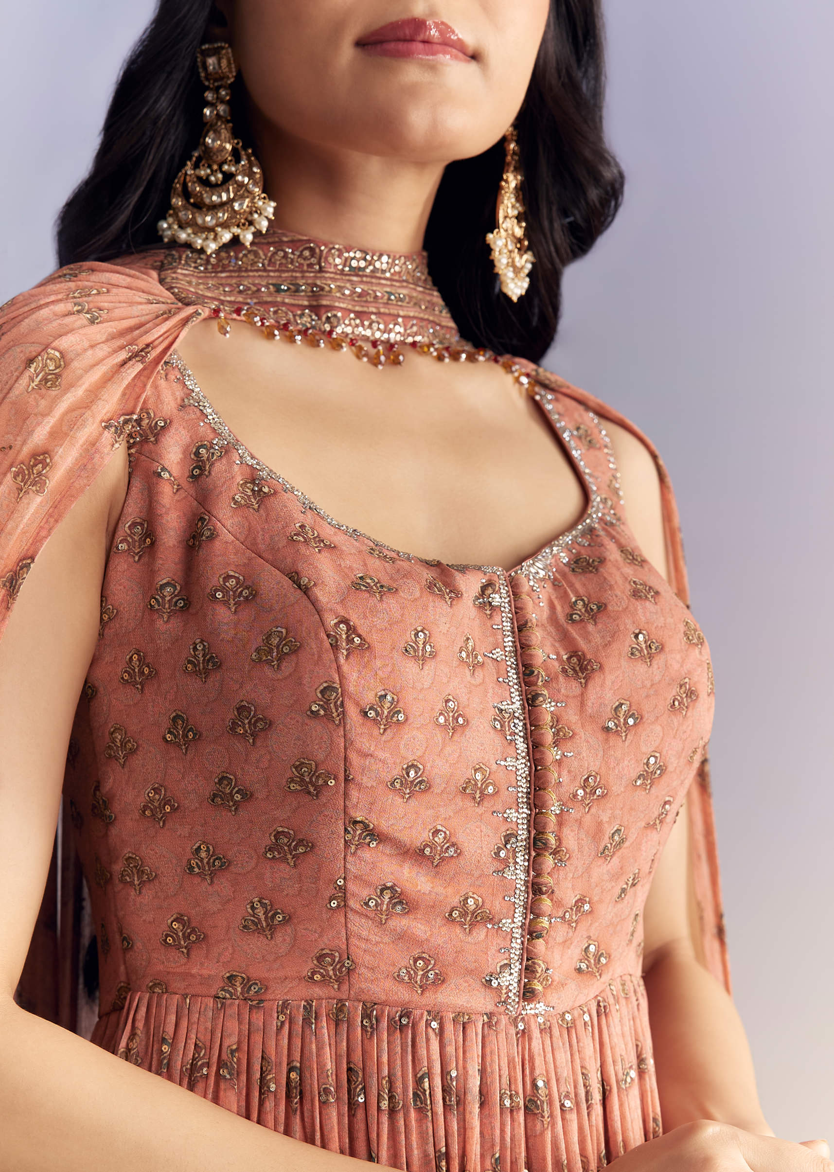 Peach Crepe Sharara Suit With Indie Print And Stone Work - Image 2