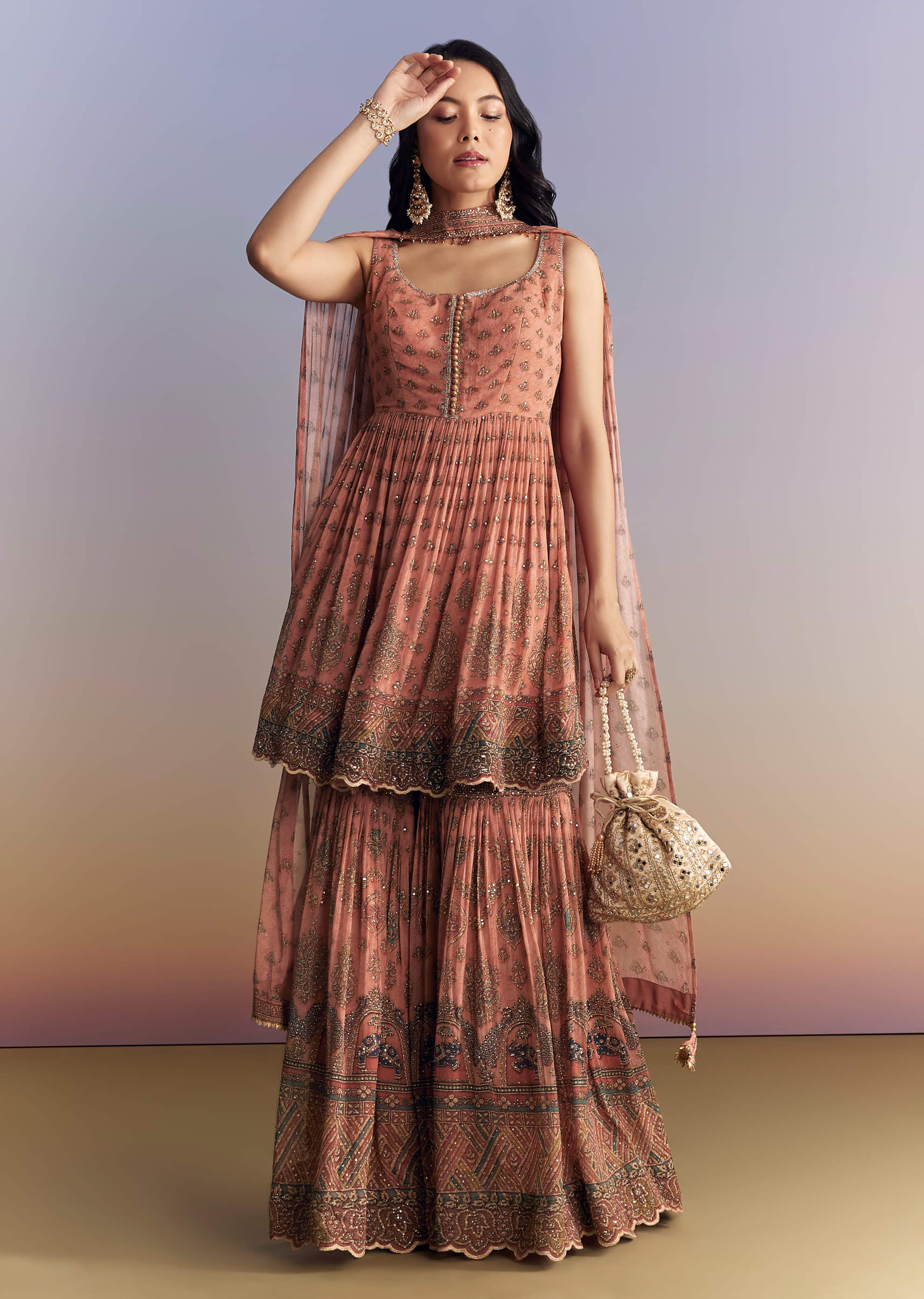 Peach Crepe Sharara Suit With Indie Print And Stone Work - Image 3