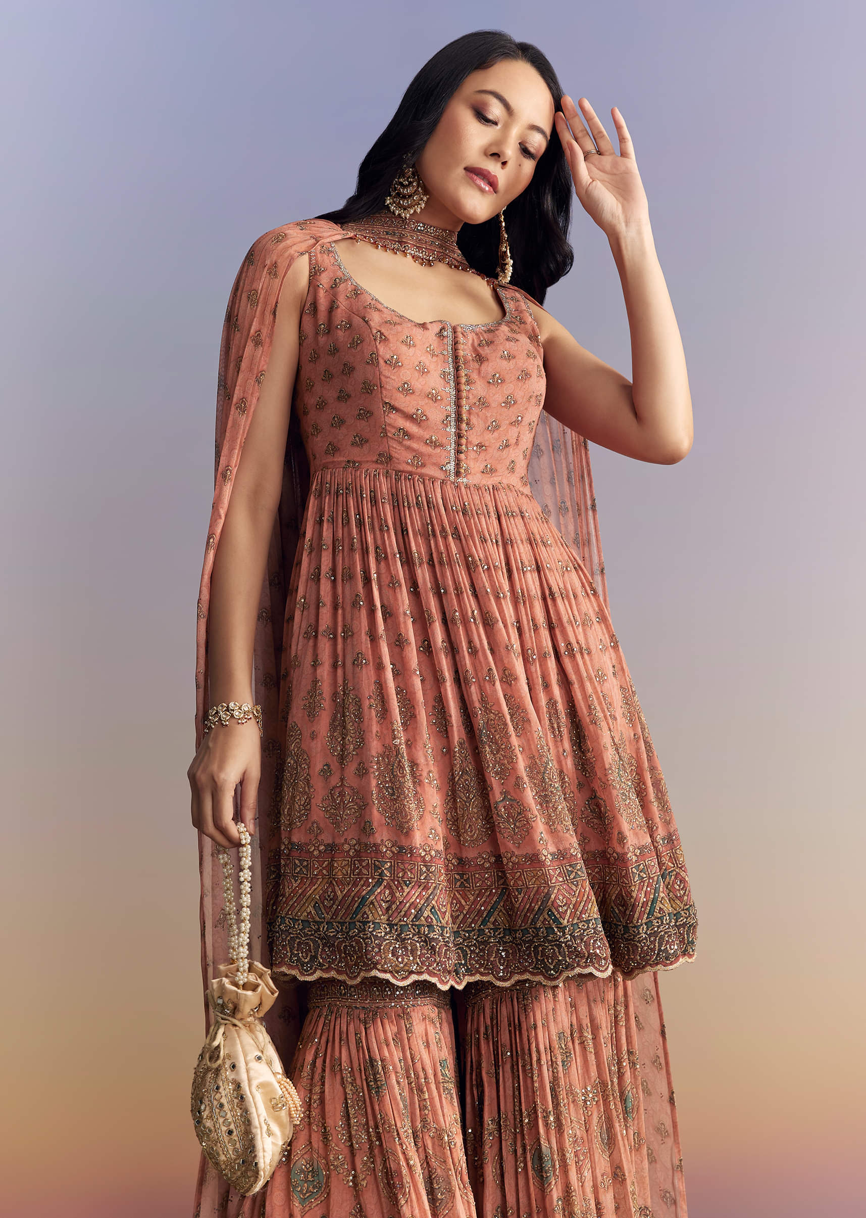 Peach Crepe Sharara Suit With Indie Print And Stone Work - Image 4