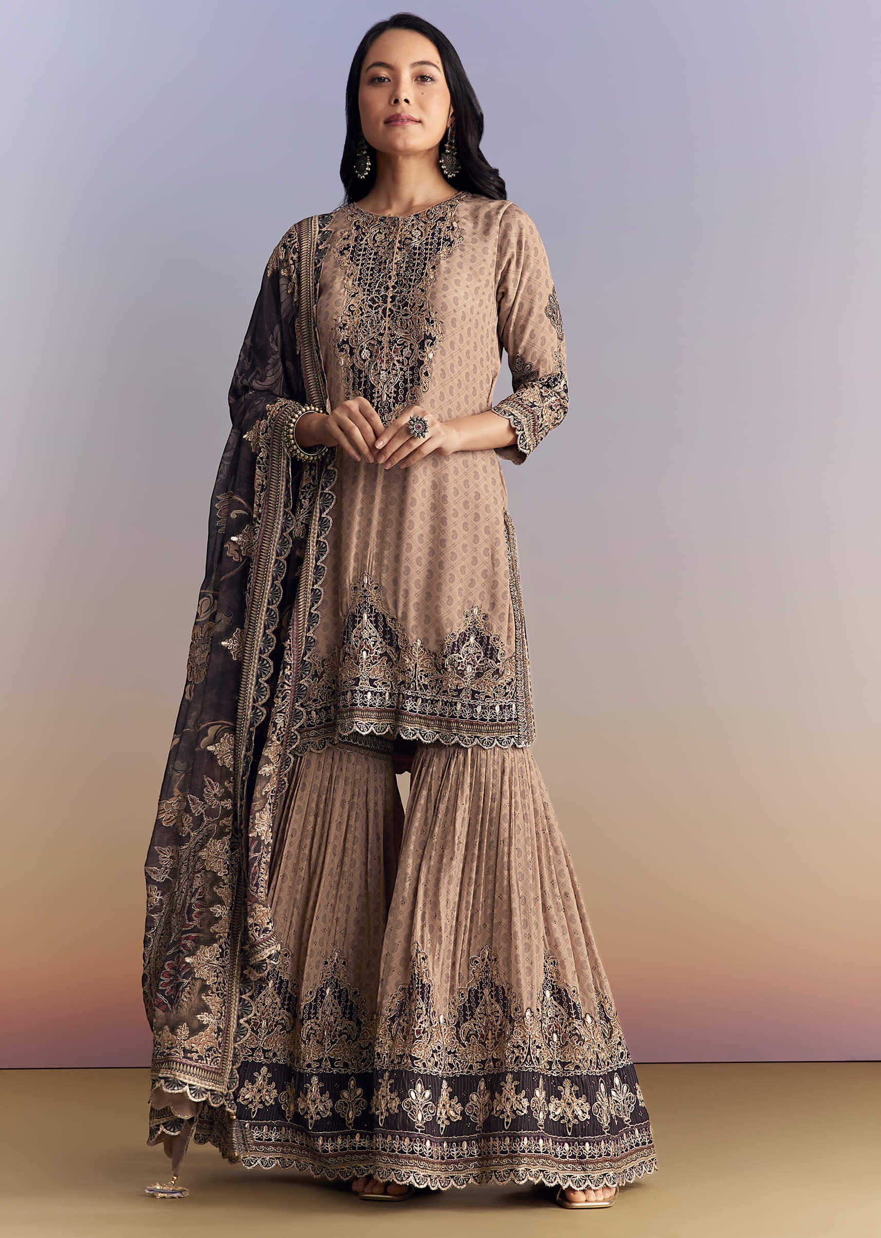 Peach Crepe Sharara Suit With Paisley Print And Zari Work - Image 3