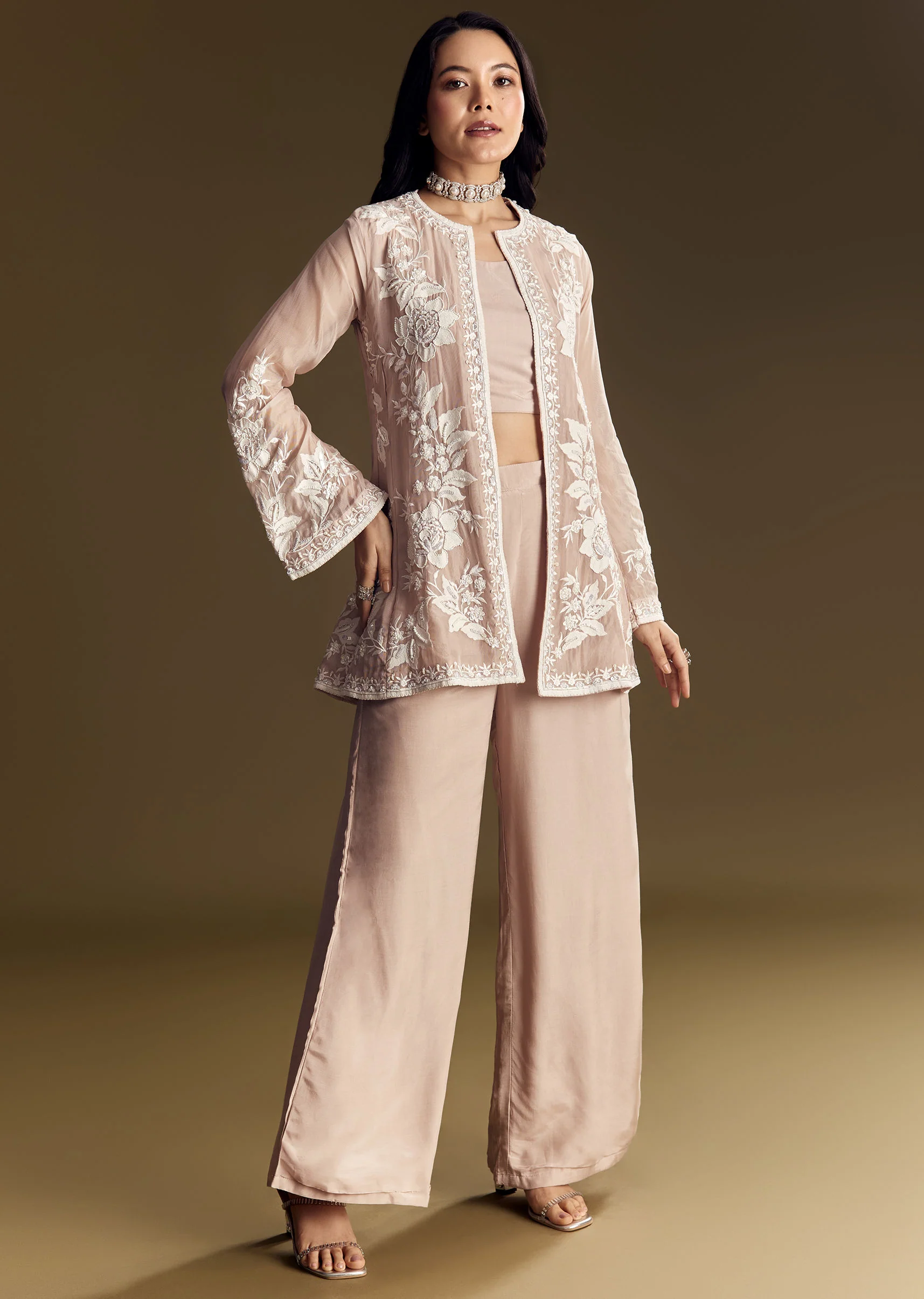 Peach Crop Top Set With Embroidered Organza Jacket