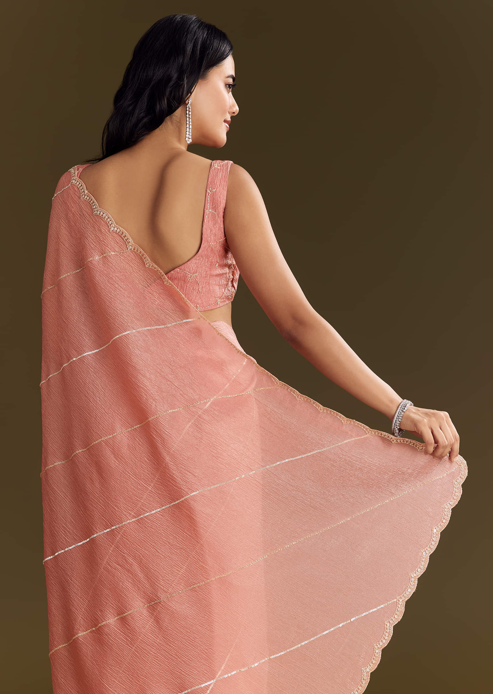 Peach Crush Tissue Saree With Cutdana And Beads Scallop Border - Image 4