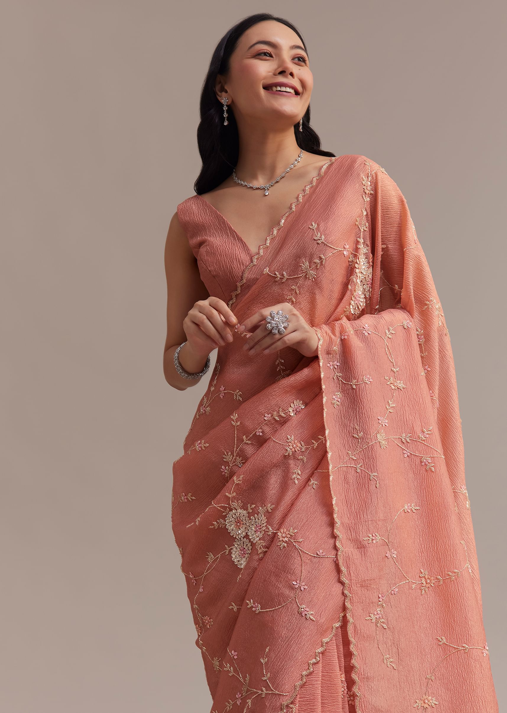Peach Crushed Tissue Saree With Cutdana And Sequins Jaal Work - Image 2