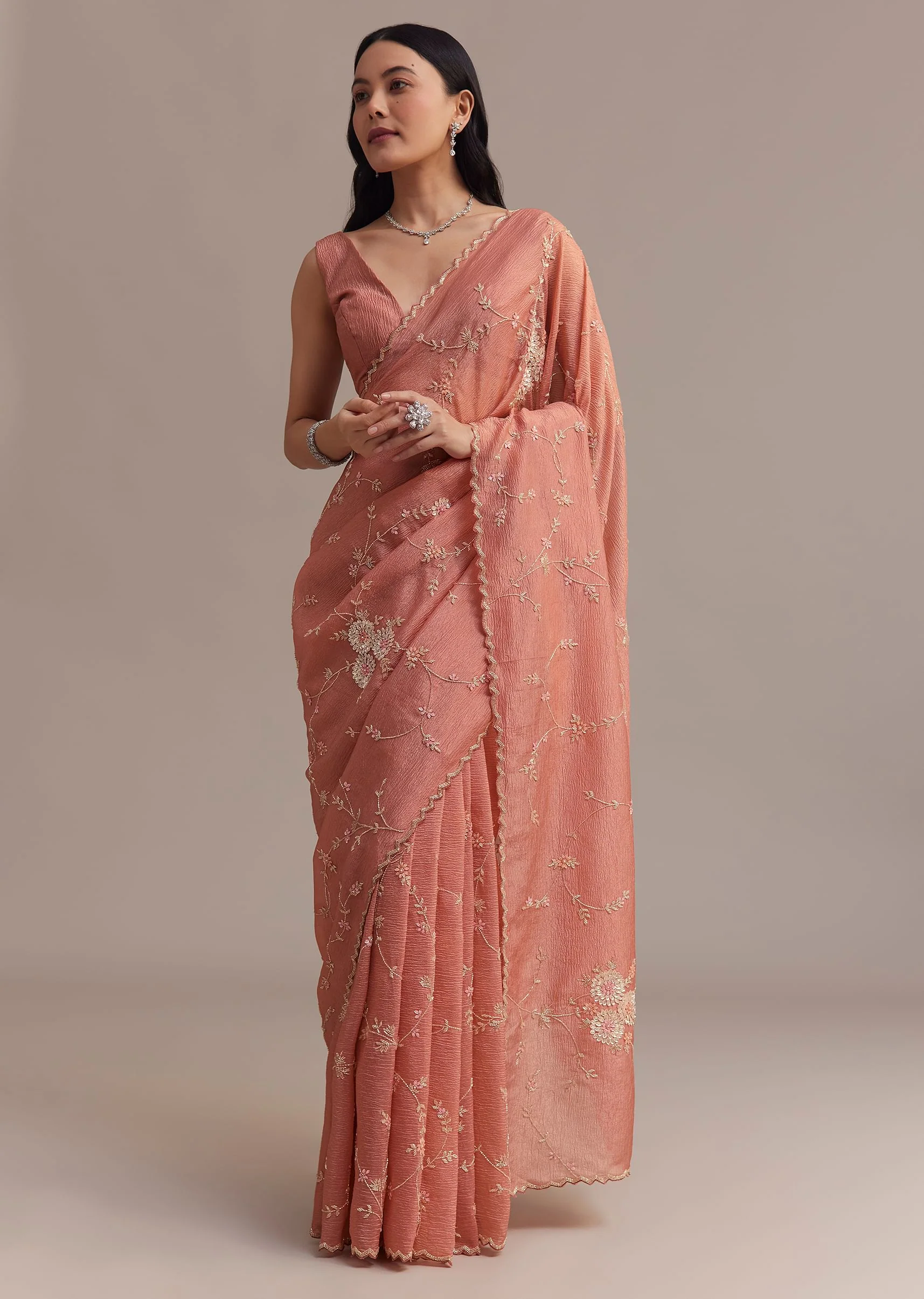 Peach Crushed Tissue Saree With Cutdana And Sequins Jaal Work - Image 3