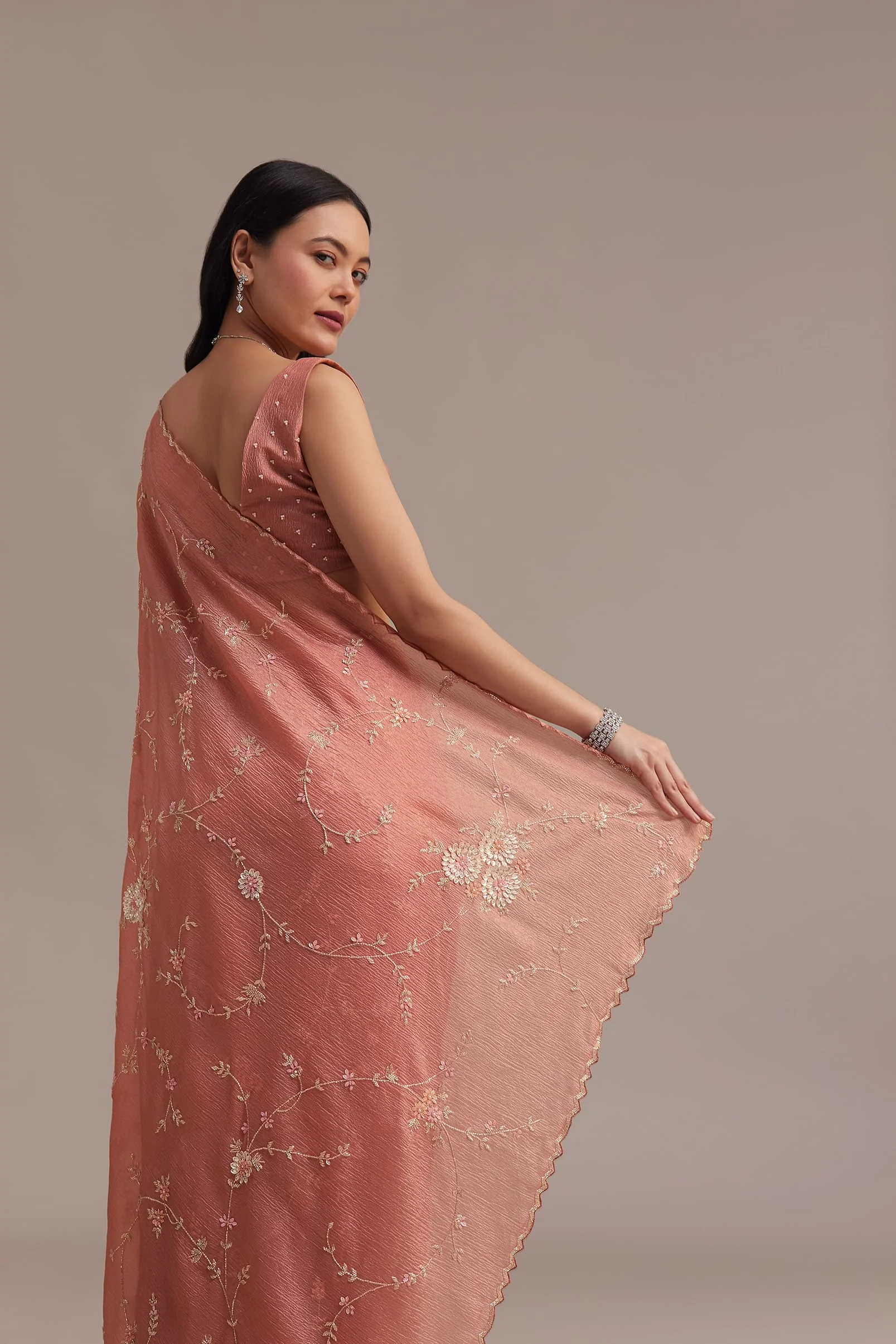 Peach Crushed Tissue Saree With Cutdana And Sequins Jaal Work - Image 4