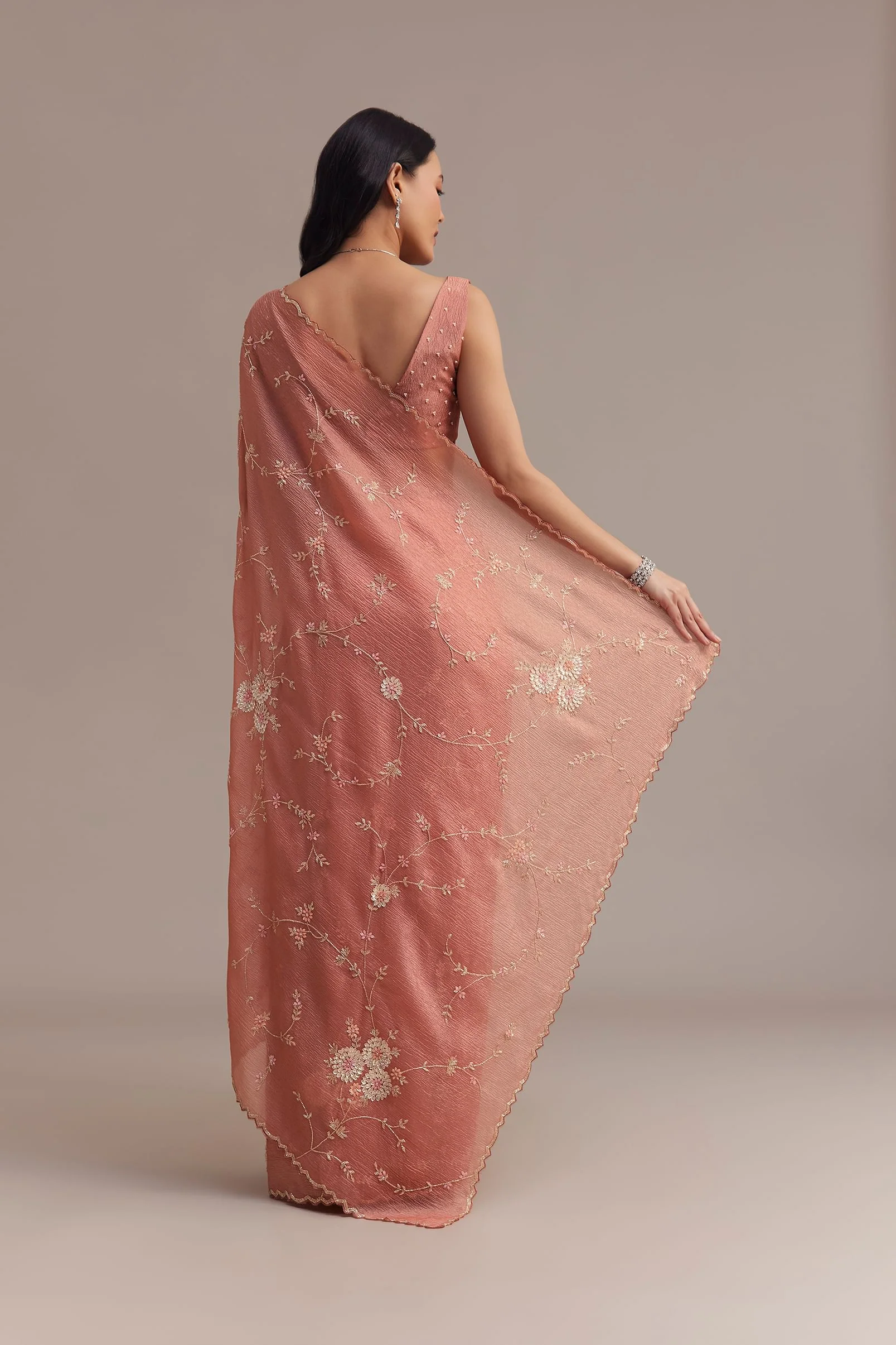 Peach Crushed Tissue Saree With Cutdana And Sequins Jaal Work - Image 6