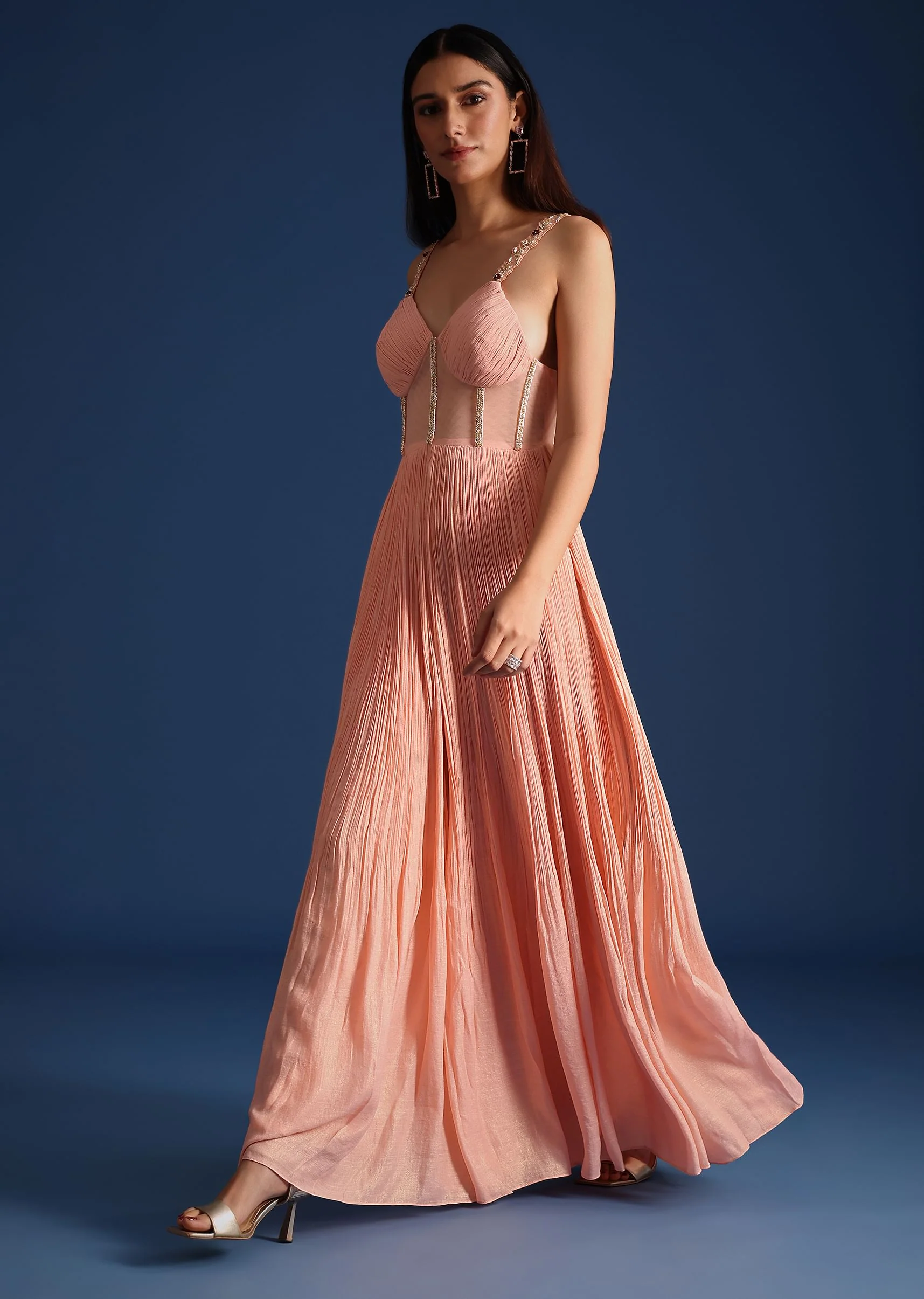 Peach Cutdana Work Pleated Jumpsuit - Image 3