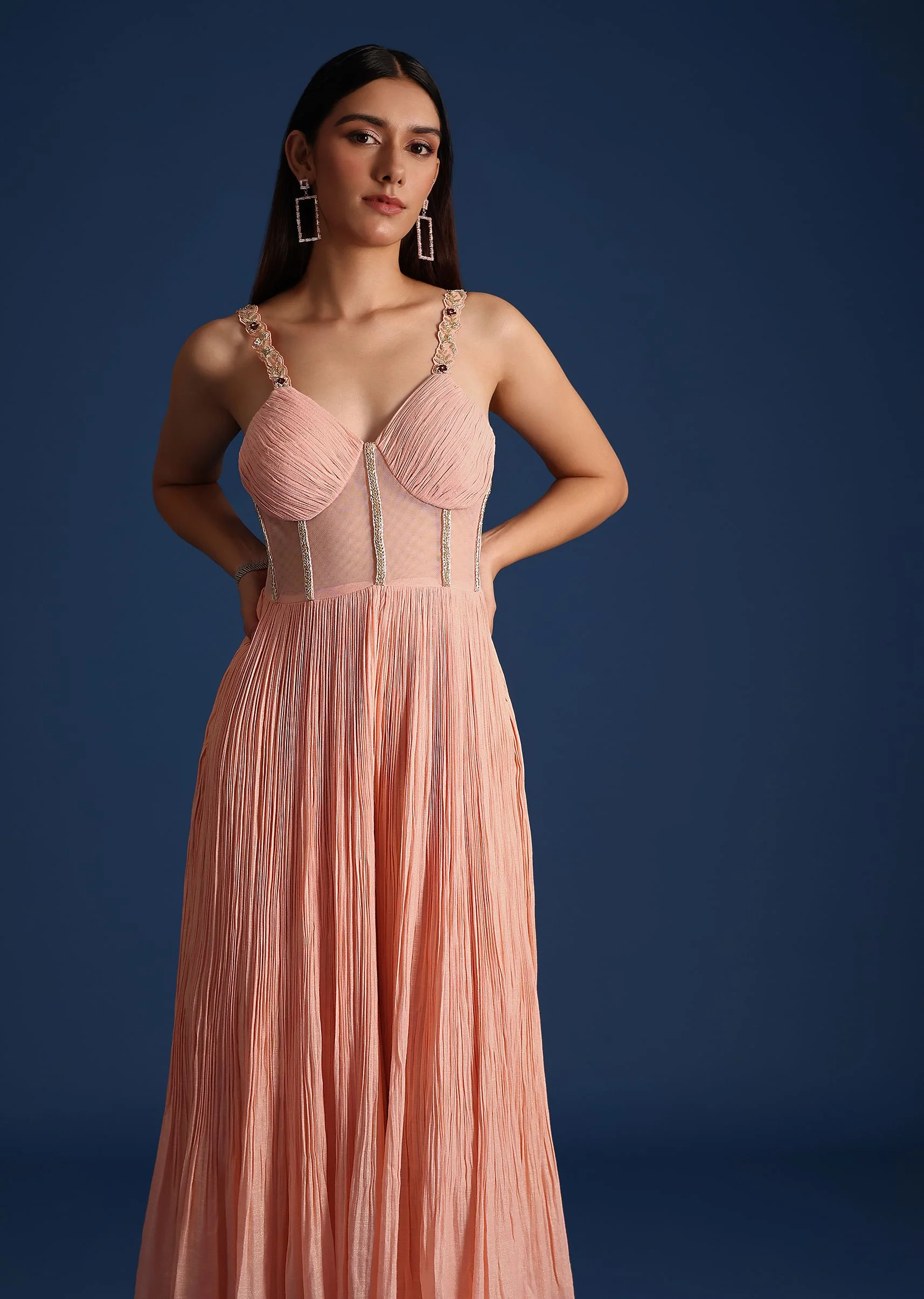 Peach Cutdana Work Pleated Jumpsuit - Image 4