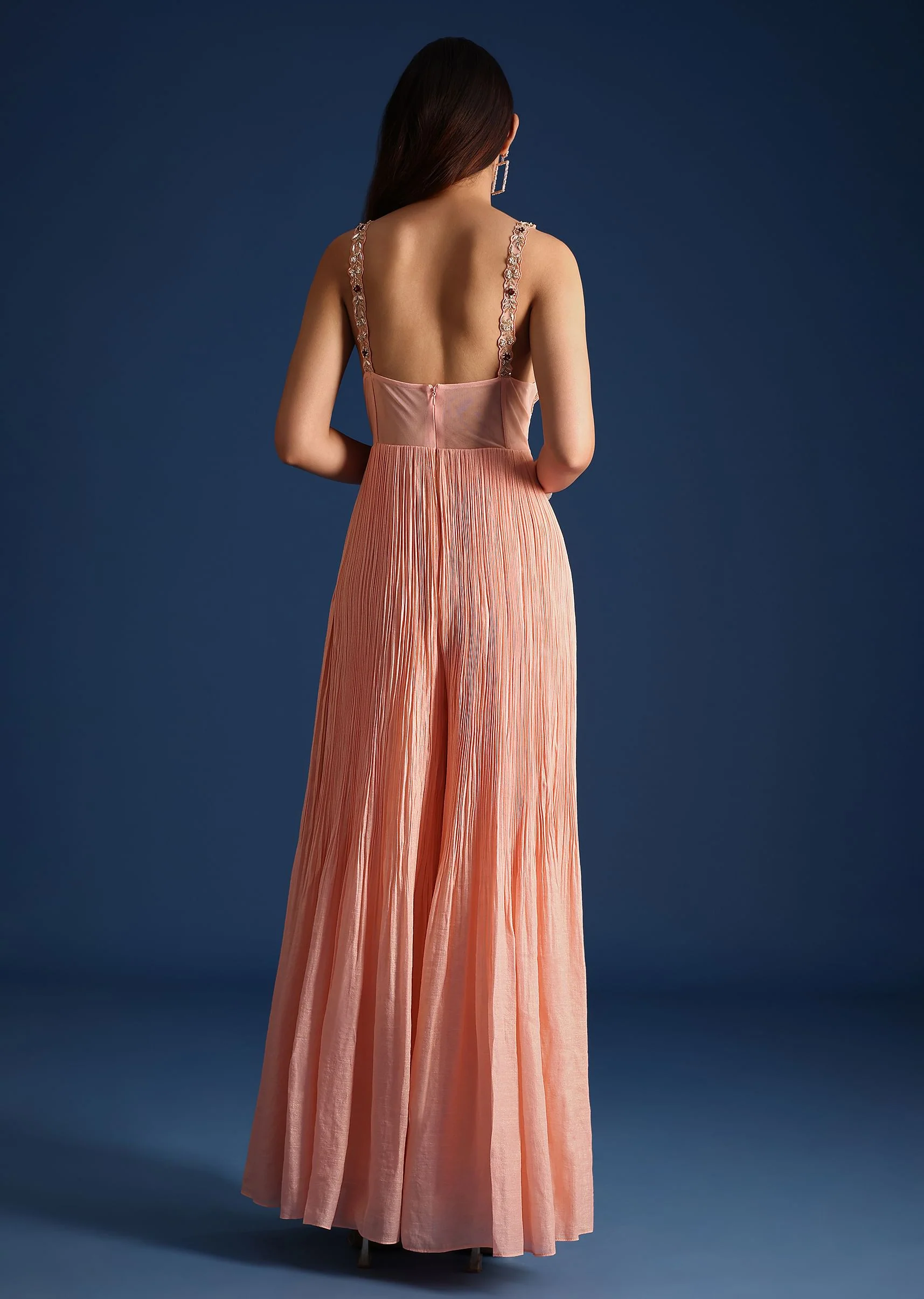 Peach Cutdana Work Pleated Jumpsuit - Image 5