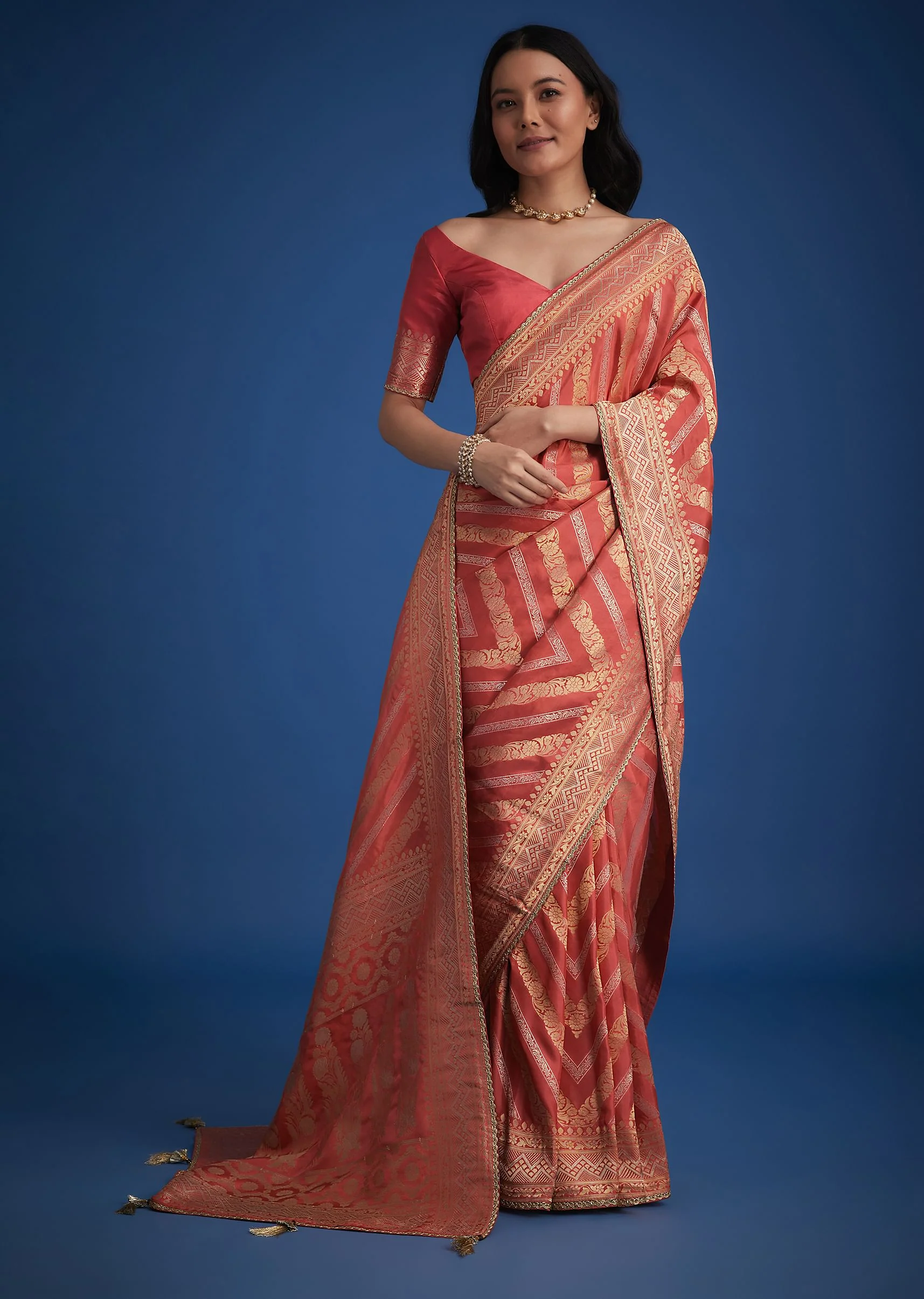 Peach Dola Silk Saree With Zari Work And Gota Patti Border - Image 2