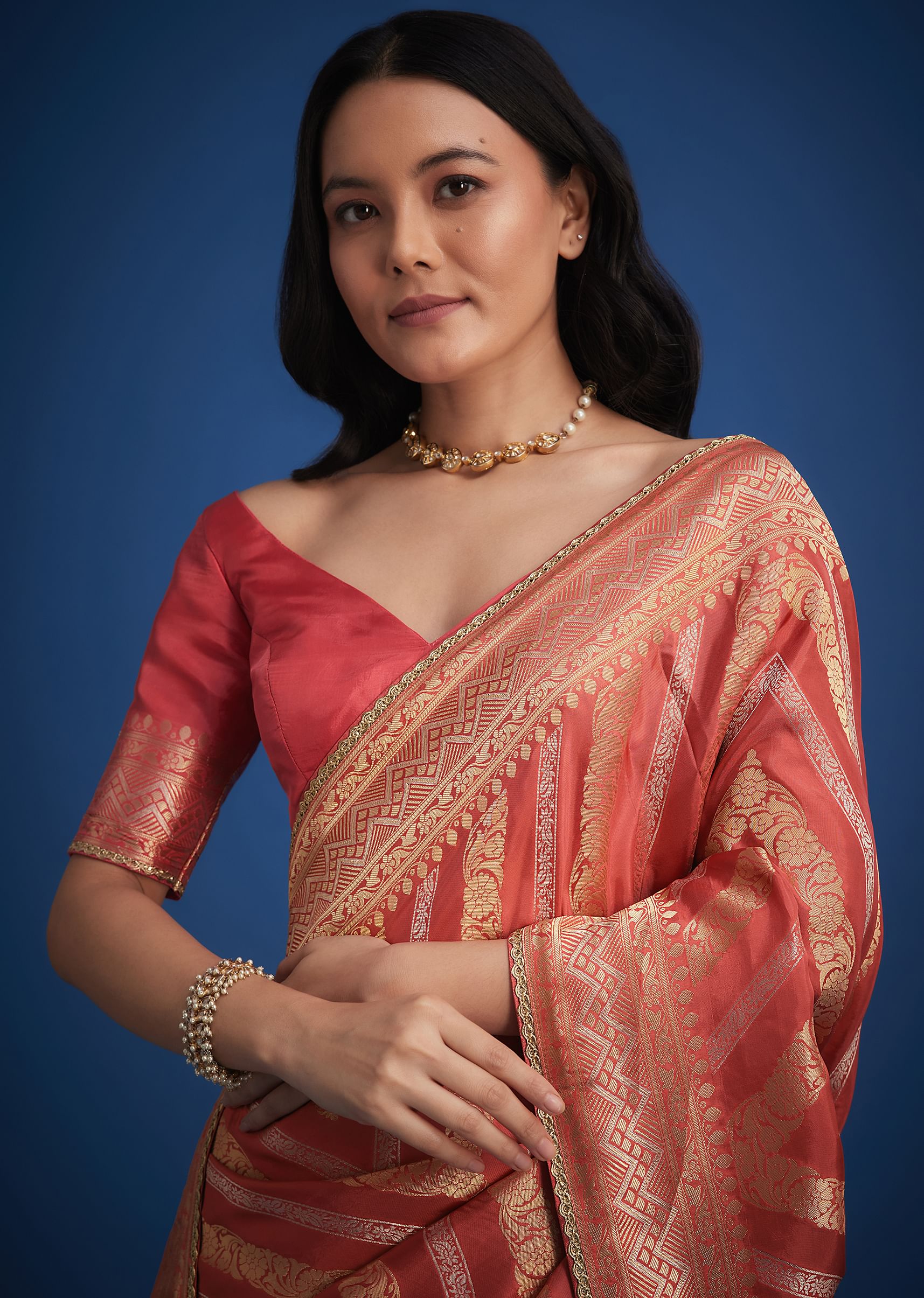 Peach Dola Silk Saree With Zari Work And Gota Patti Border - Image 3