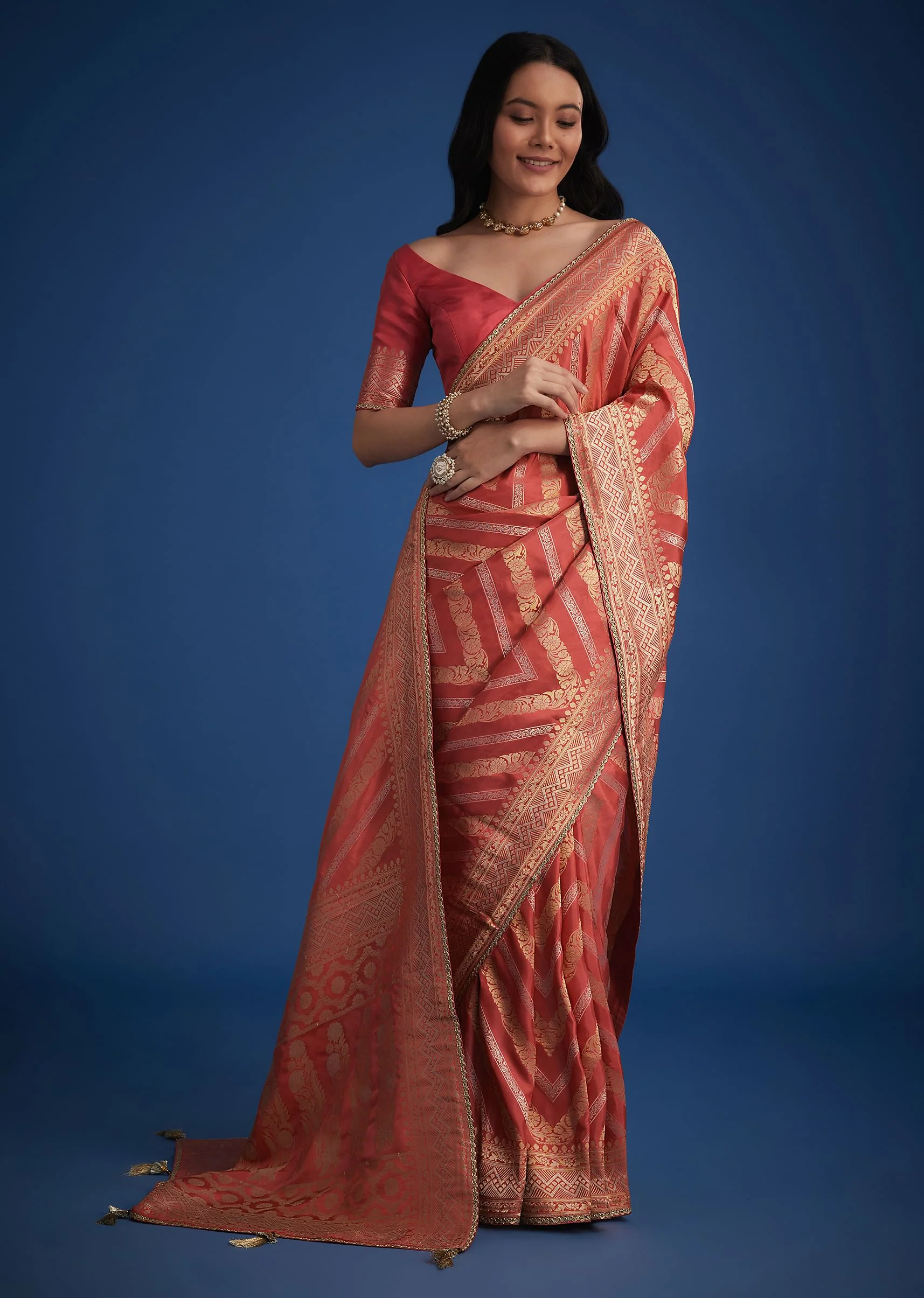 Peach Dola Silk Saree With Zari Work And Gota Patti Border - Image 5