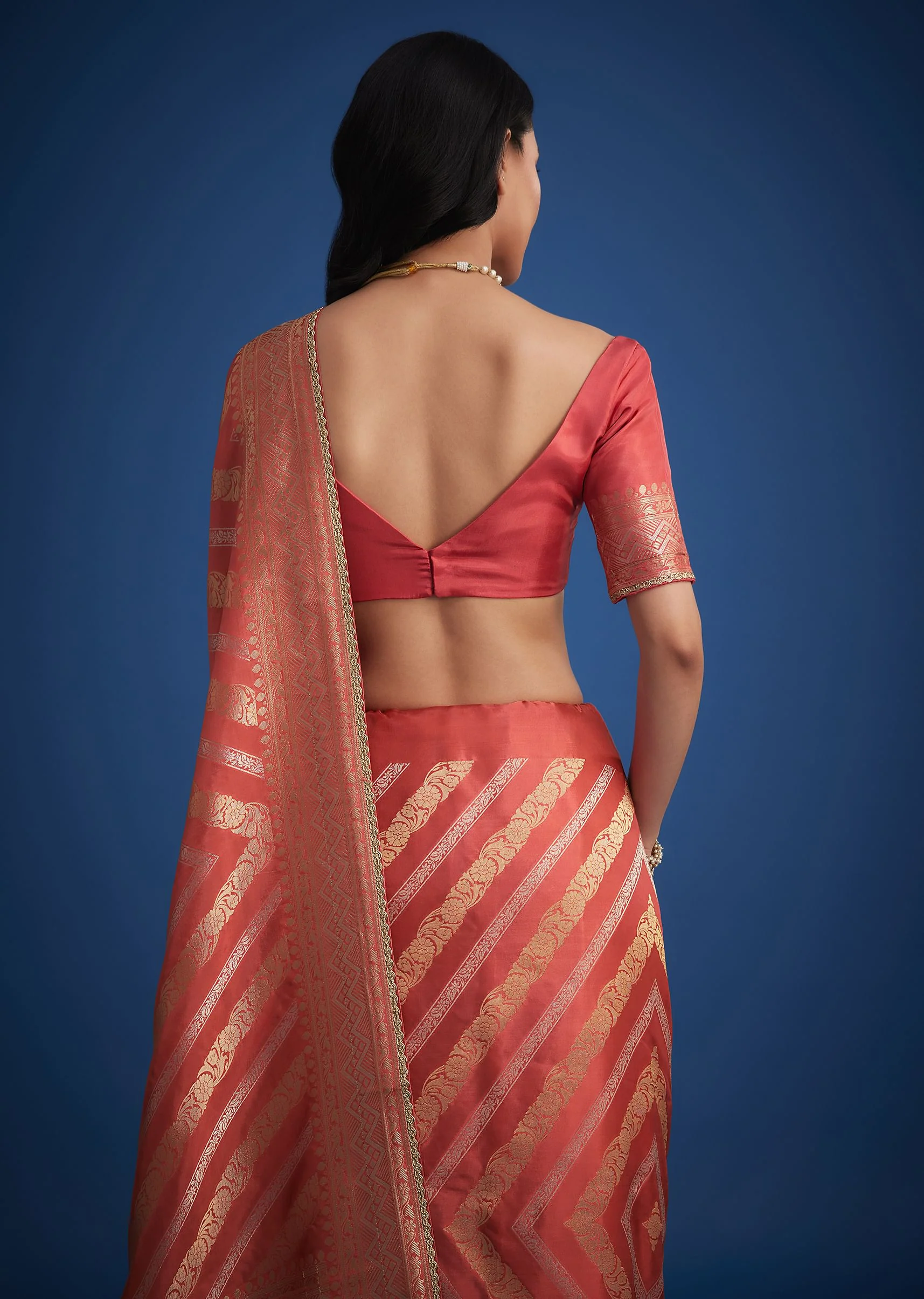 Peach Dola Silk Saree With Zari Work And Gota Patti Border - Image 6