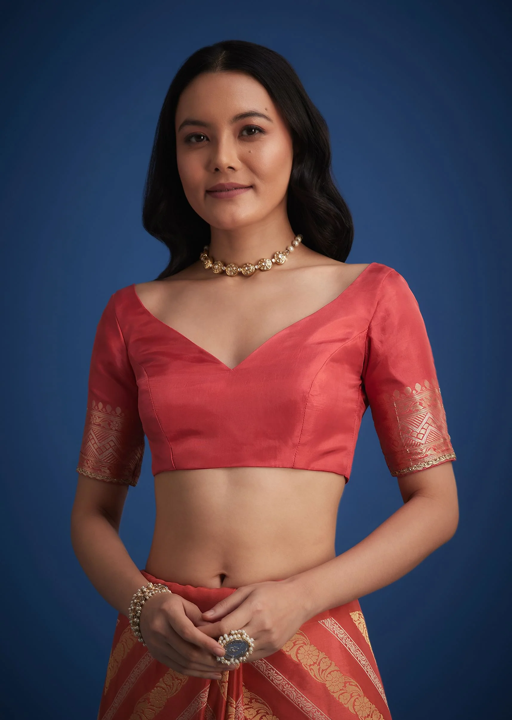 Peach Dola Silk Saree With Zari Work And Gota Patti Border - Image 7