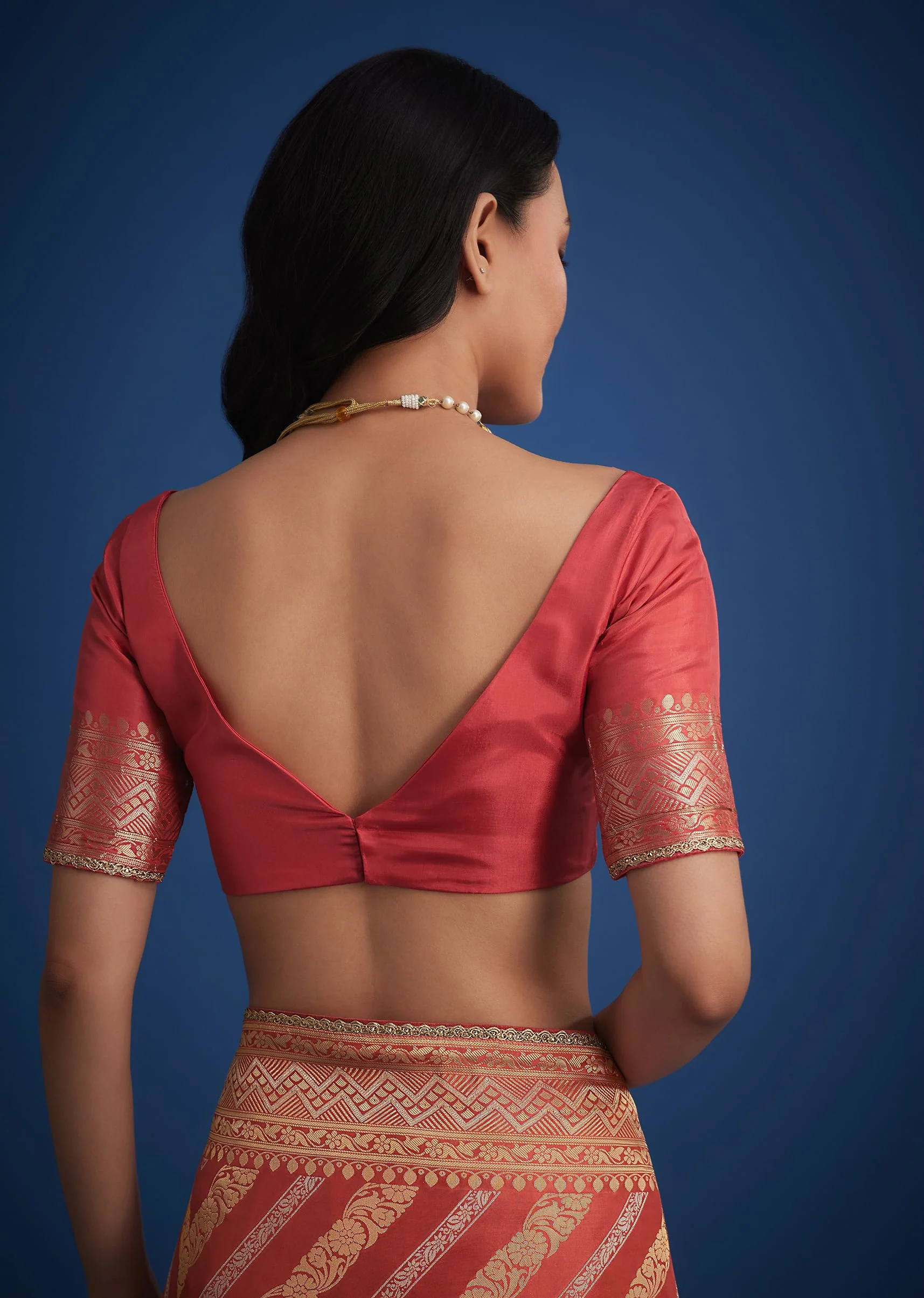 Peach Dola Silk Saree With Zari Work And Gota Patti Border - Image 8