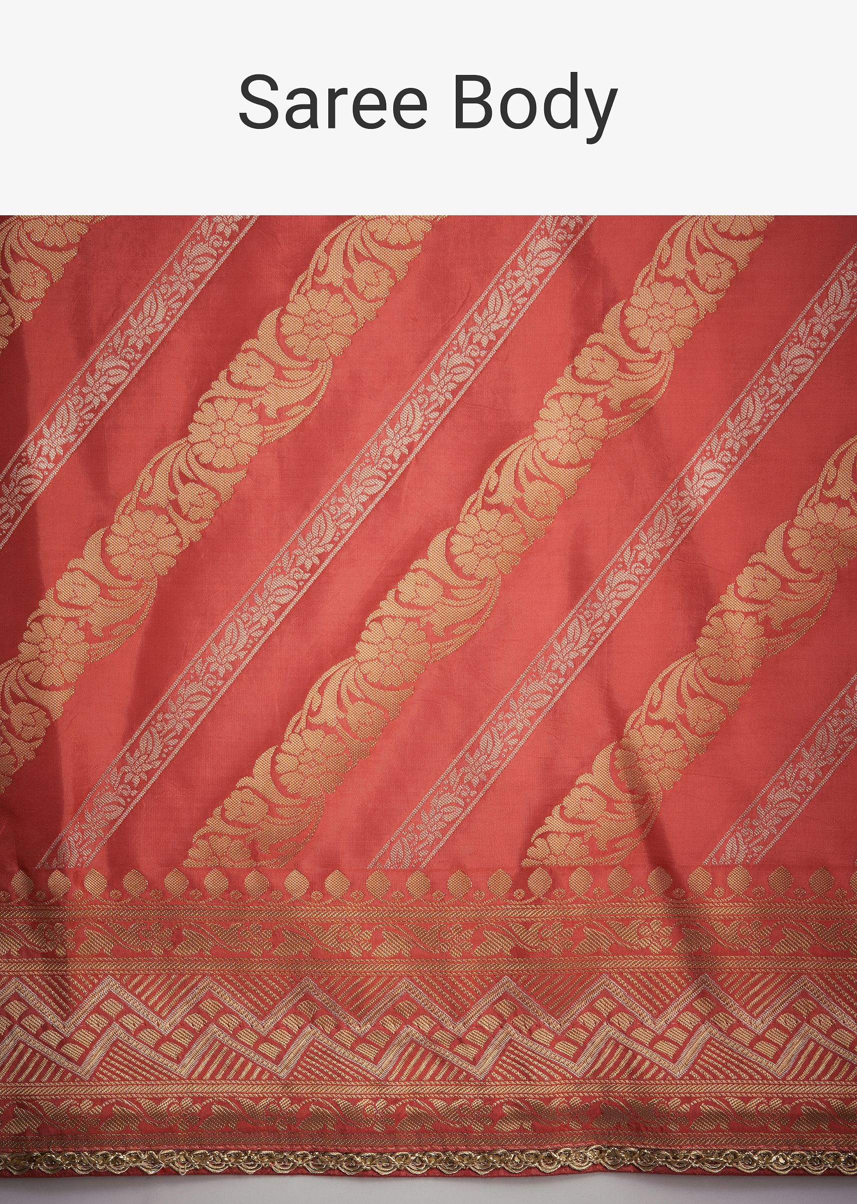 Peach Dola Silk Saree With Zari Work And Gota Patti Border - Image 9