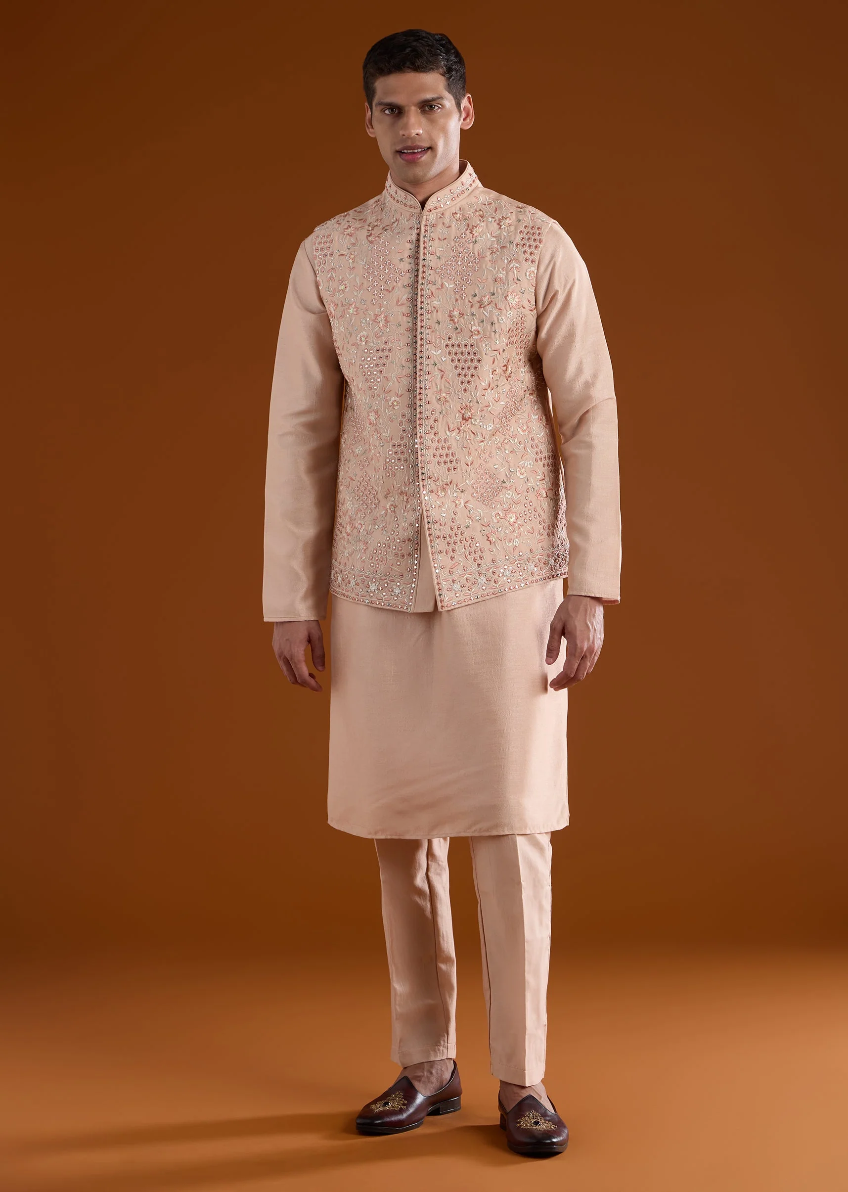 Peach Embellished Silk Kurta Jacket Set