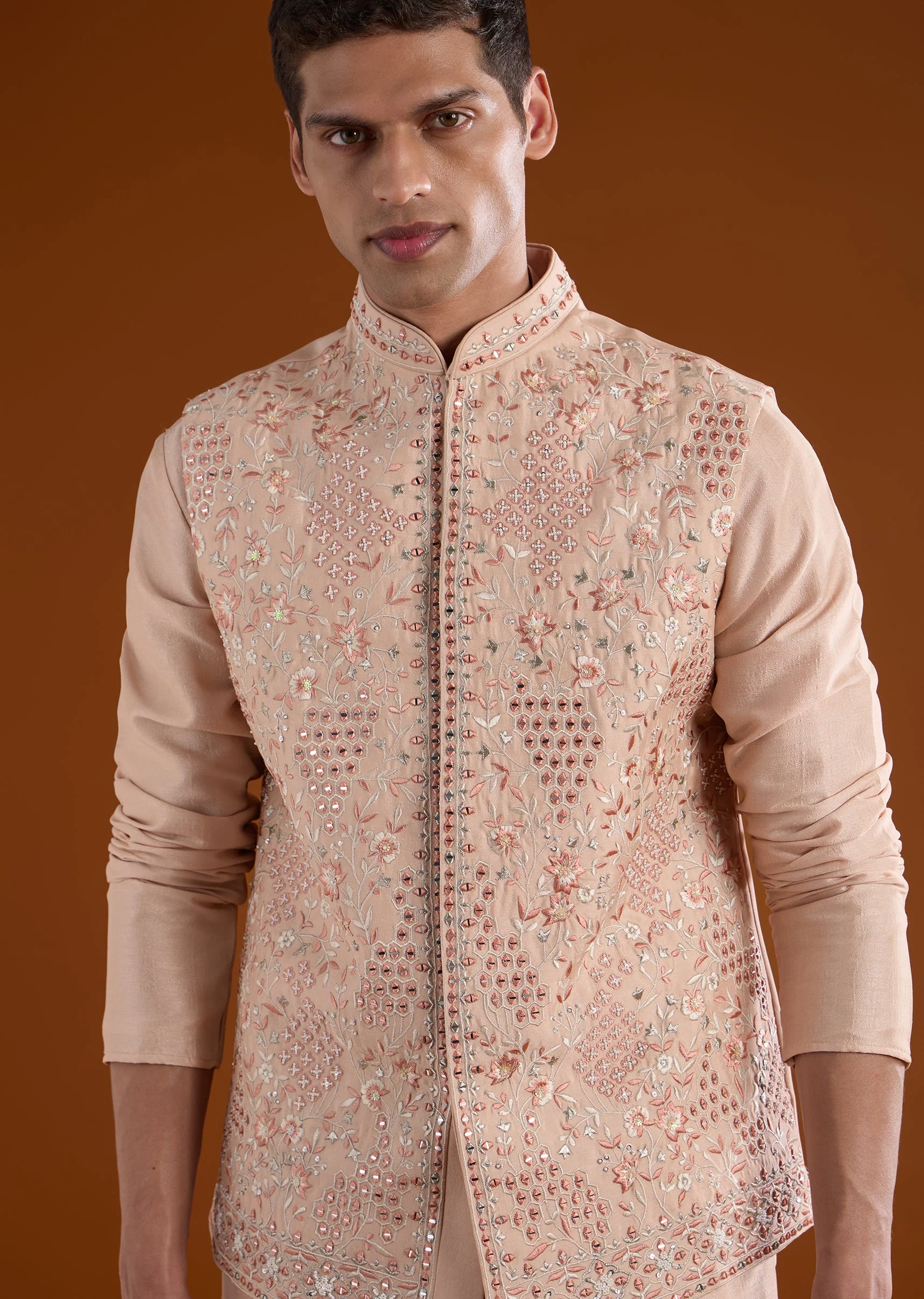 Peach Embellished Silk Kurta Jacket Set - Image 2