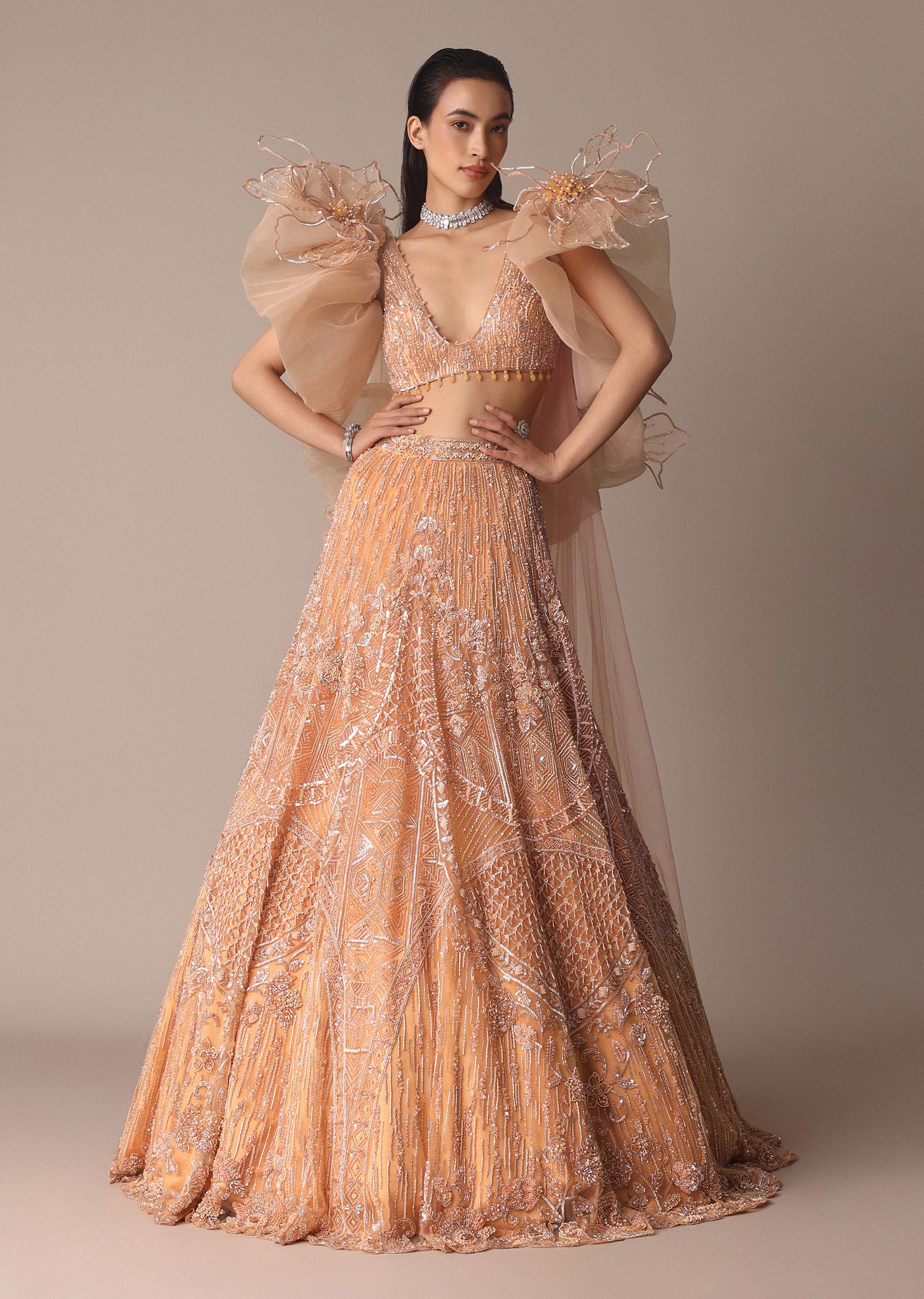 Peach Zardosi Lehenga With Dramatic Net Sleeves Blouse - Image 3