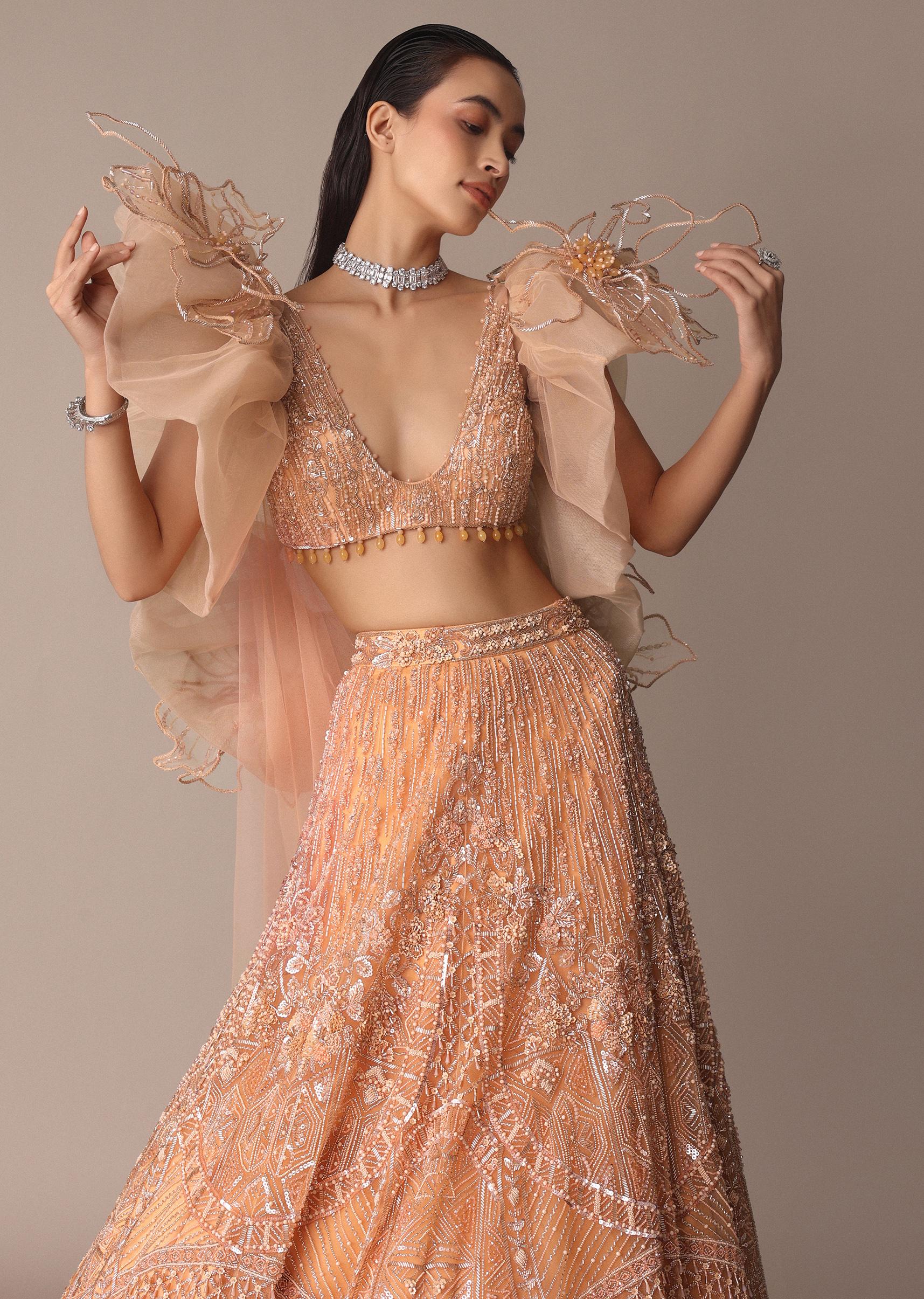 Peach Zardosi Lehenga With Dramatic Net Sleeves Blouse - Image 4