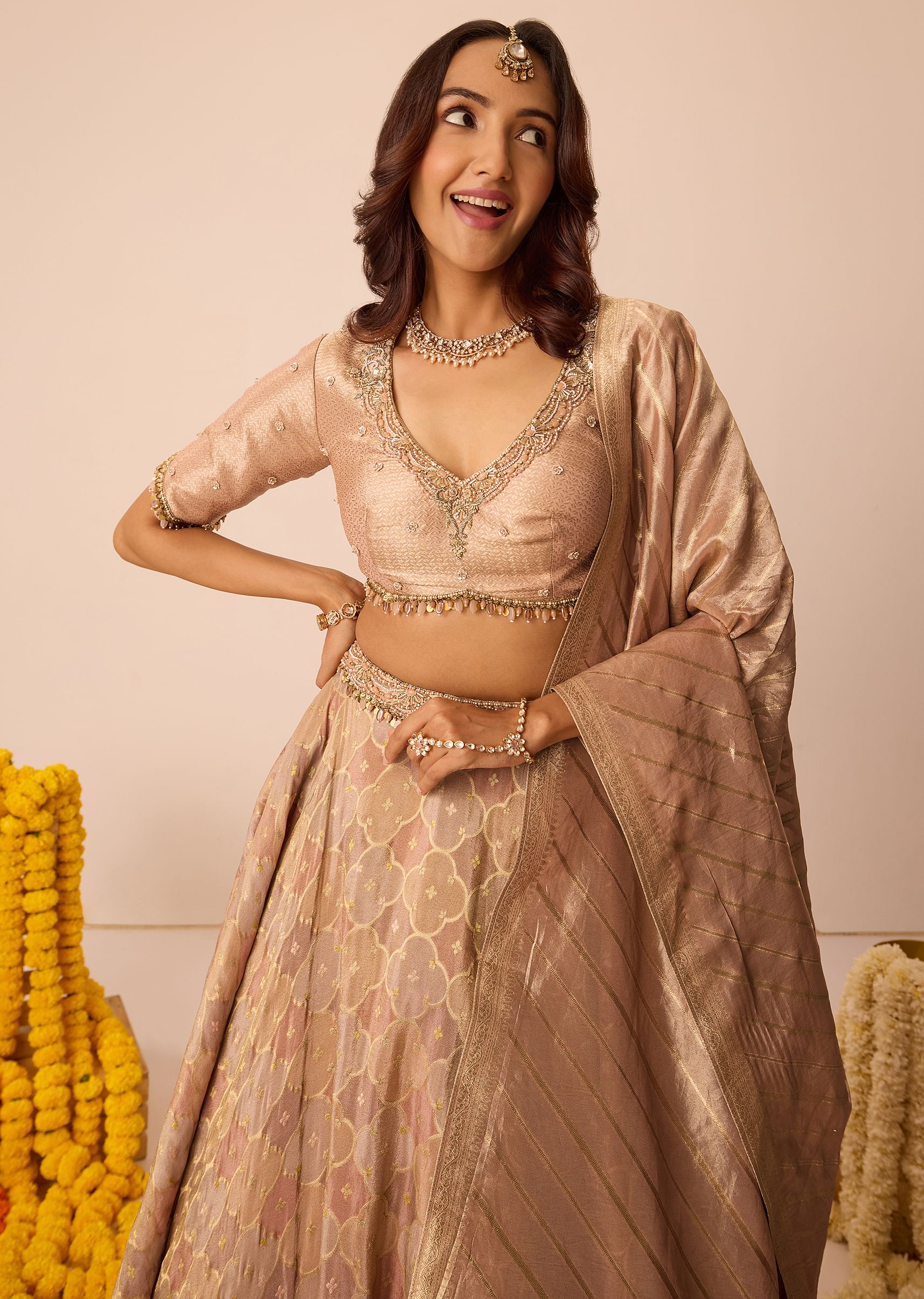 Peach Embroidered Blouse With Ruching Lehenga And Tassel Dupatta - Image 2