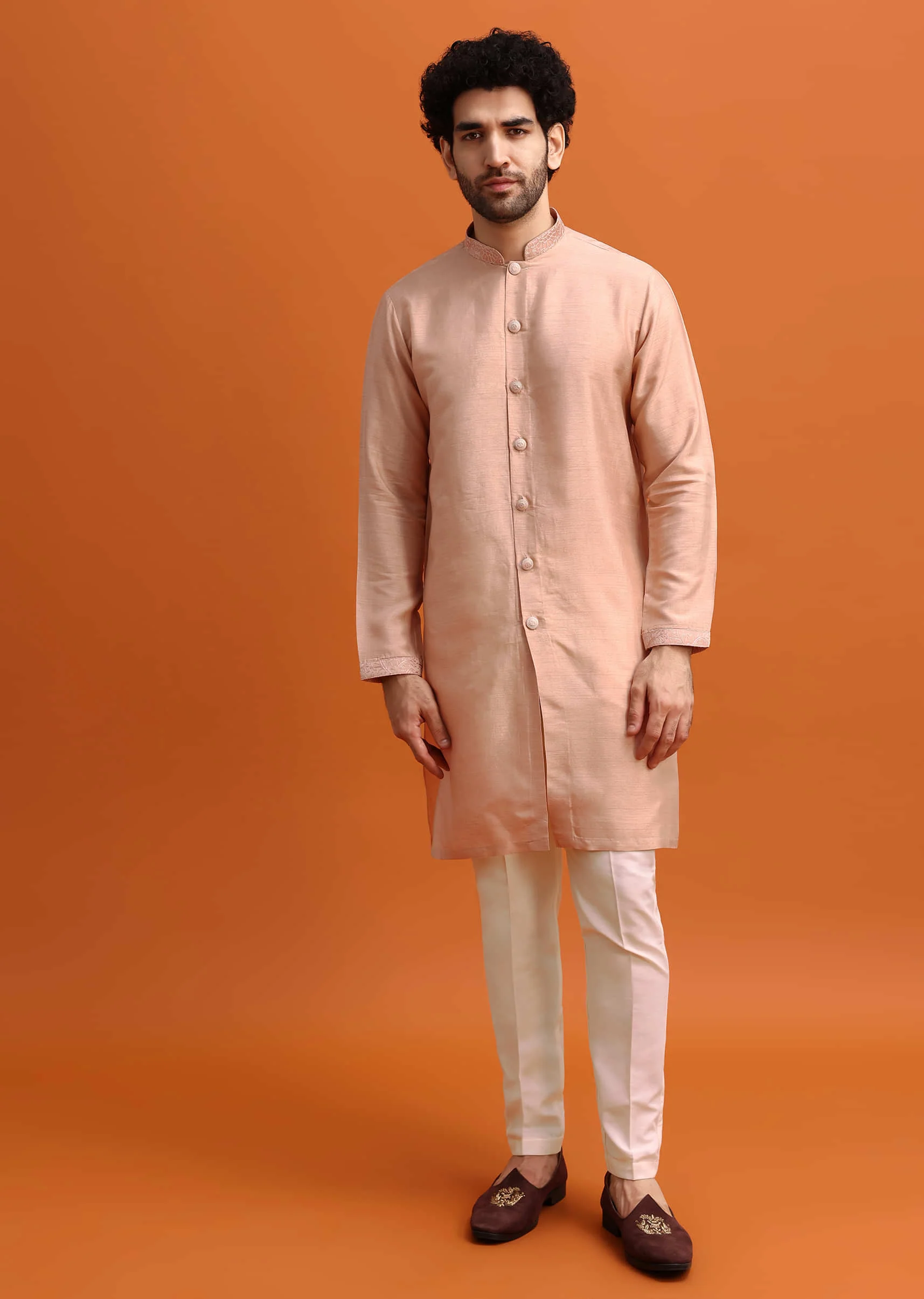 Peach Embroidered Kurta Jacket Set For Men - Image 6