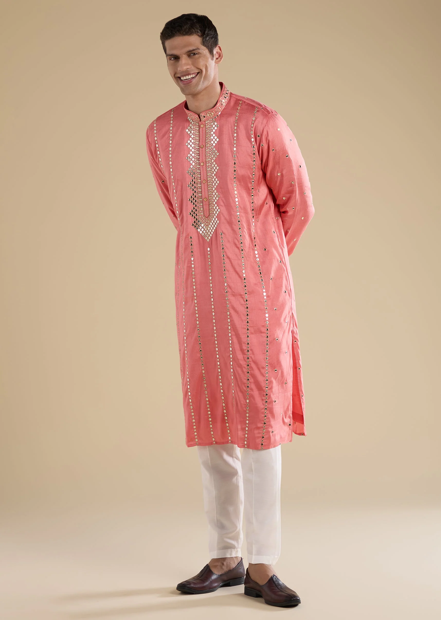Peach Embroidered Kurta Set For Men - Image 3