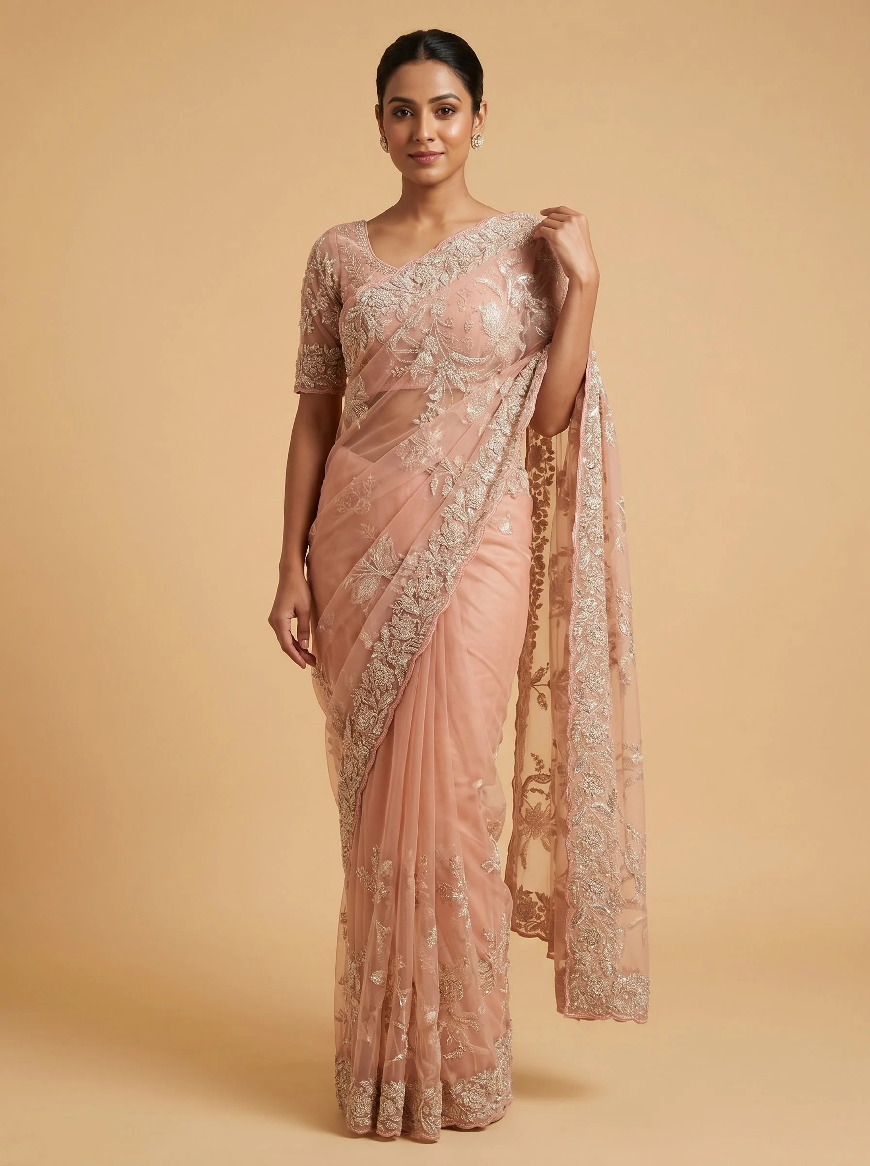 Peach Embroidered Saree with Delicate Radiance