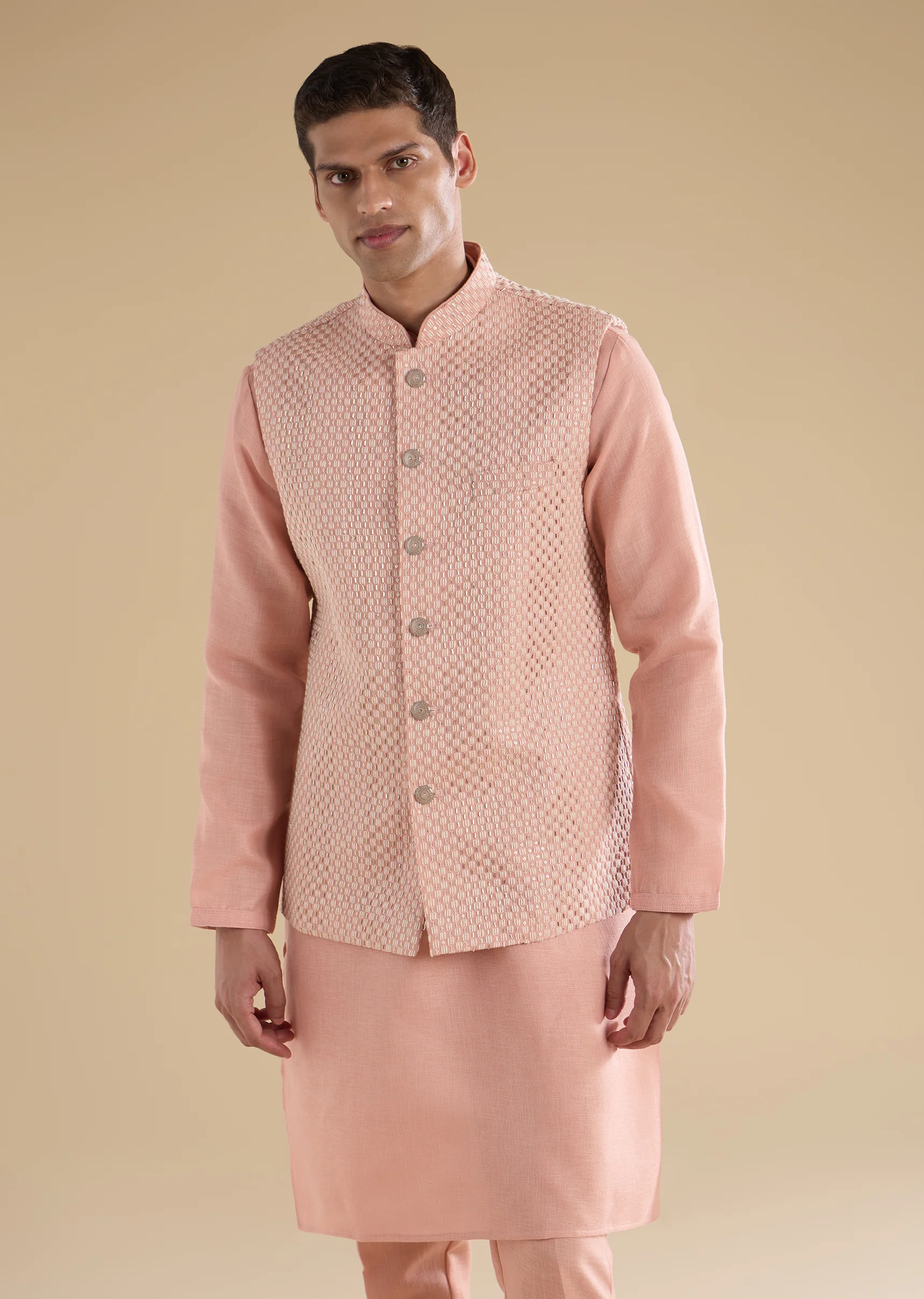 Peach Embroidered Silk An Kurta Jacket Set - Image 3