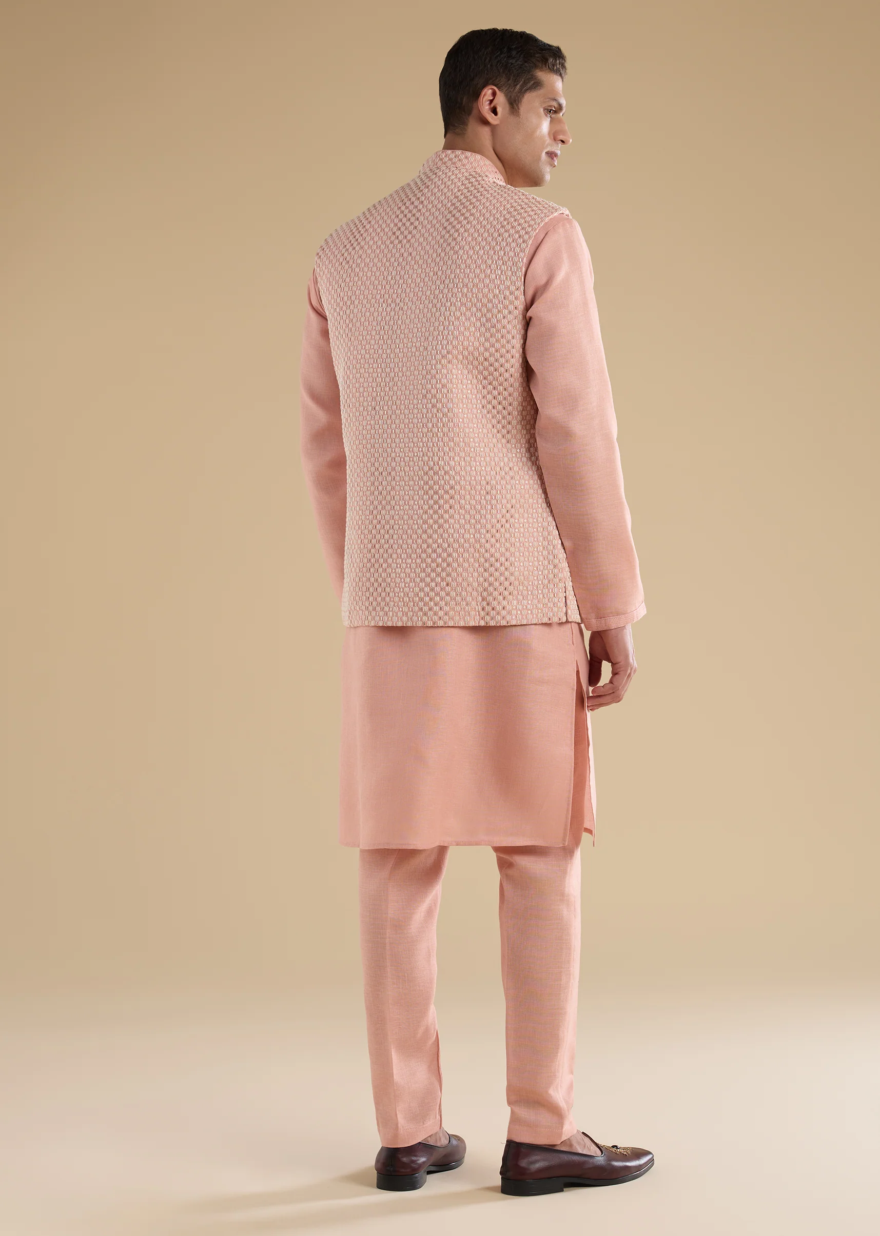 Peach Embroidered Silk An Kurta Jacket Set - Image 5