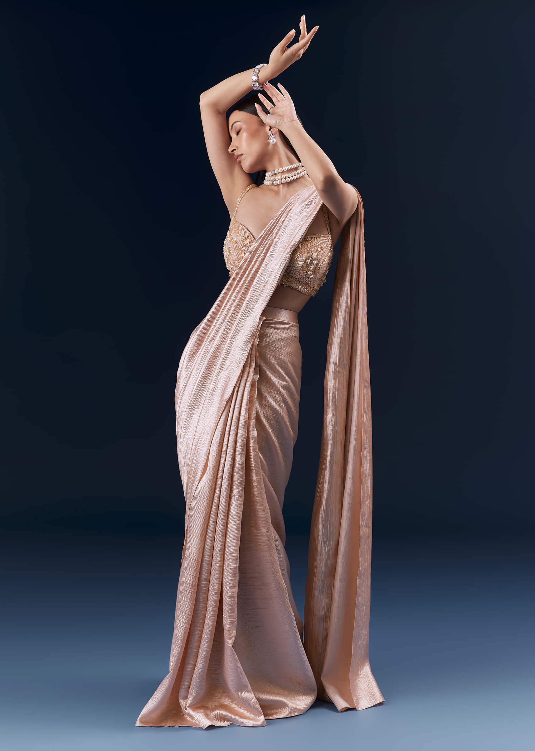 Peach Fancy Ready Pleated Saree With Embroidery - Image 4