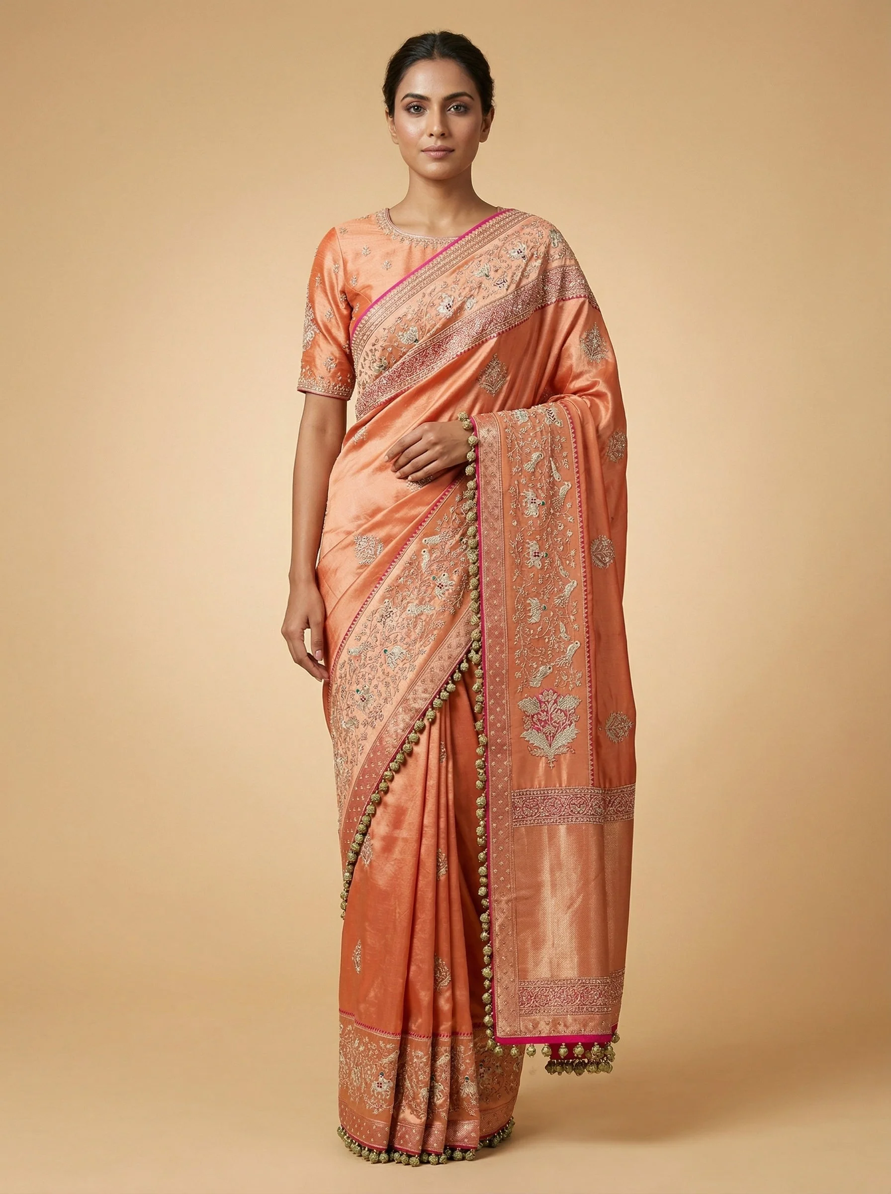 Peach Fine Embroidered Saree