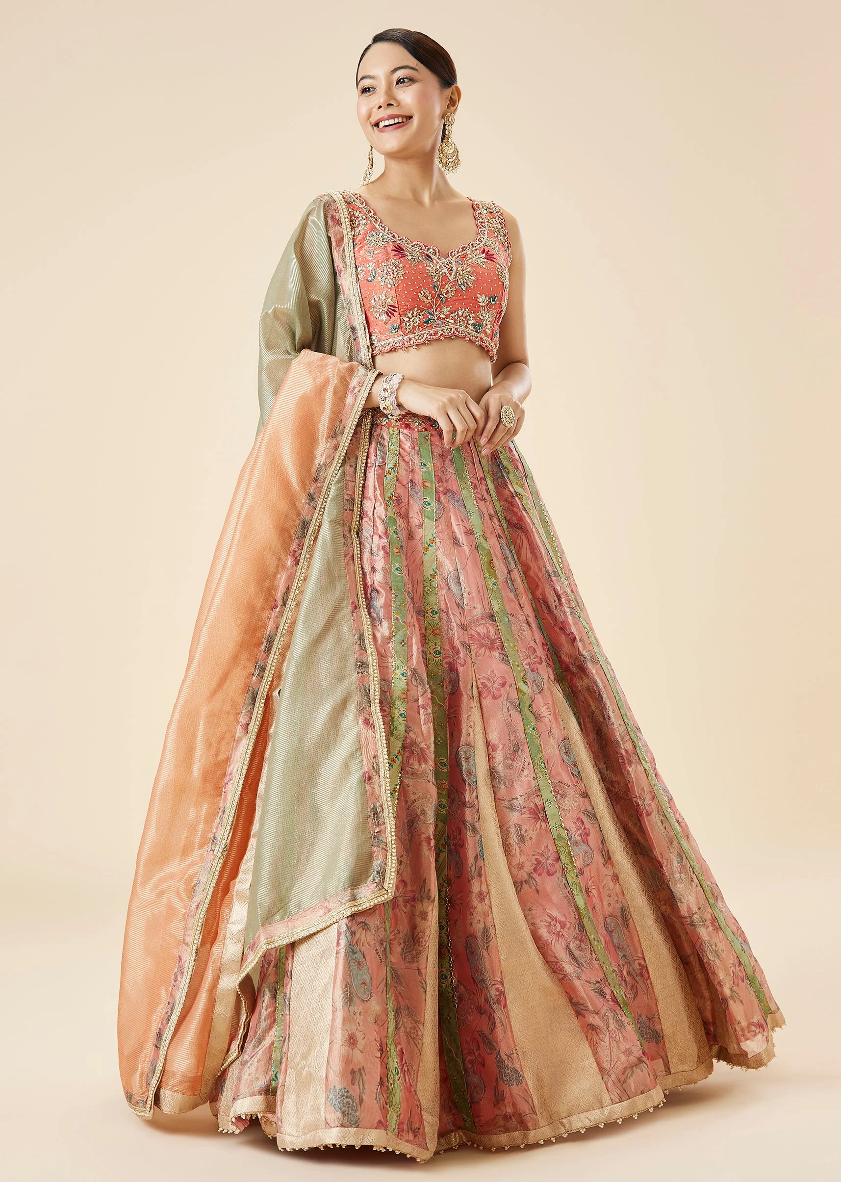 Peach Floral Embroidered Lehenga Set - Image 4